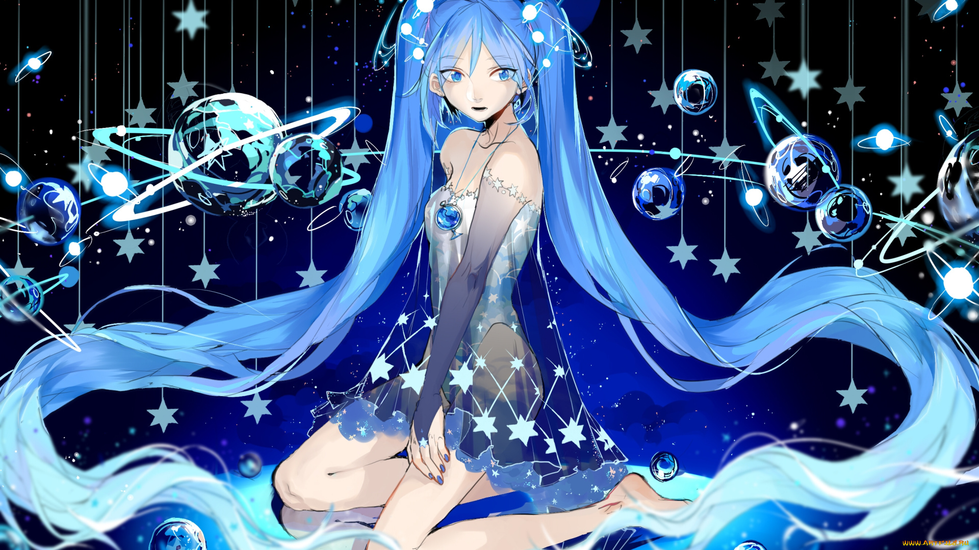 аниме, vocaloid, звёзды, rrr, 627470487, hatsune, miku, взгляд, девушка, планеты