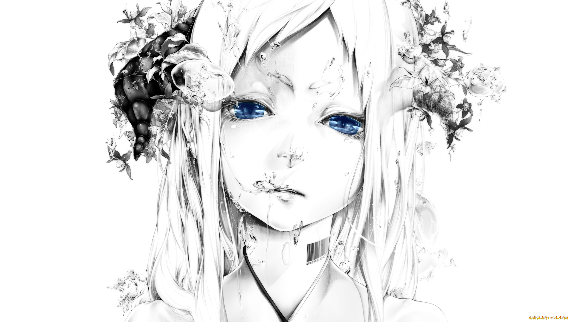 аниме, животные, , существа, девушка, венок, арт, цветы, взгляд, bouno, satoshi