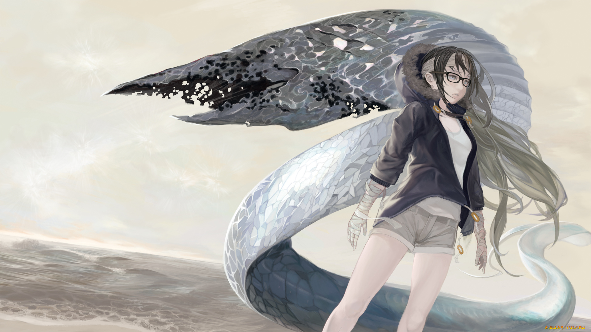 аниме, животные, , существа, угорь, вода, куртка, бинты, шорты, существо, thinnesta, count3, арт, девушка