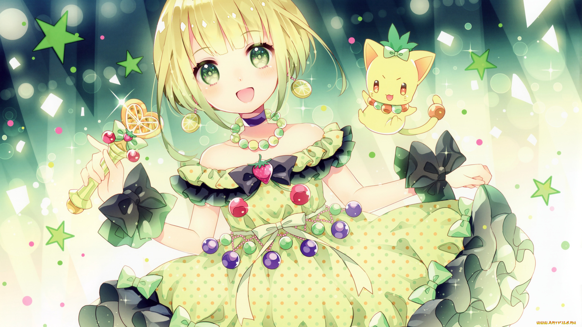 аниме, животные, , существа, украшения, улыбка, бусы, девушка, sekai, арт, wasabi, взгляд, существо