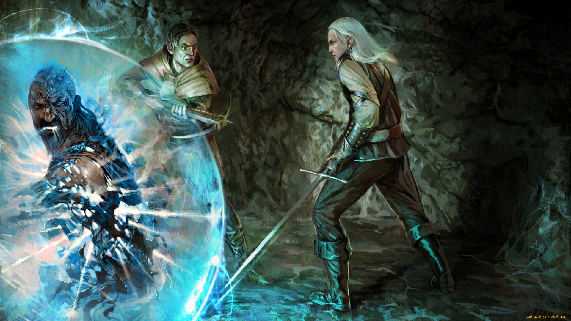 фэнтези, люди, колдун, магия, меч, ведьмак, мужчины, the, witcher, арт, арбалет, пещера