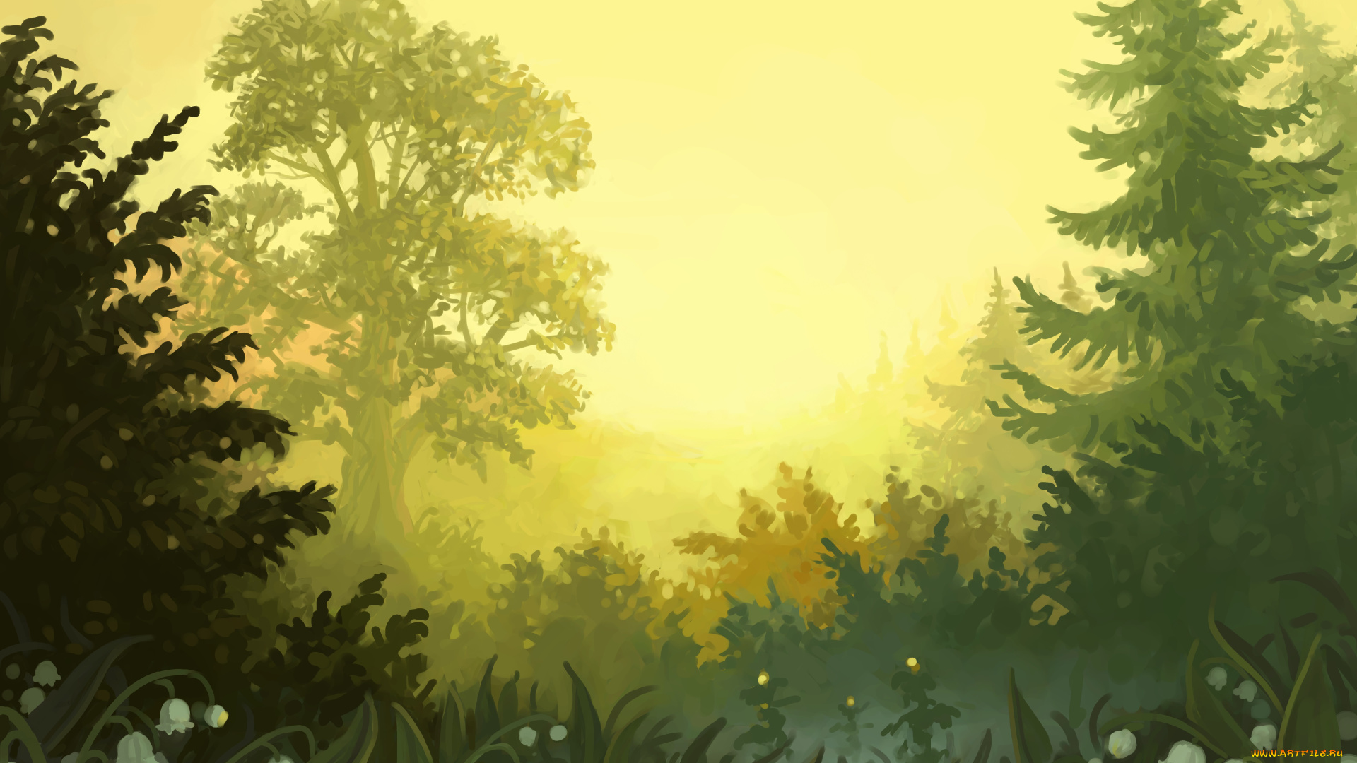 рисованное, природа, ландыши, деревья