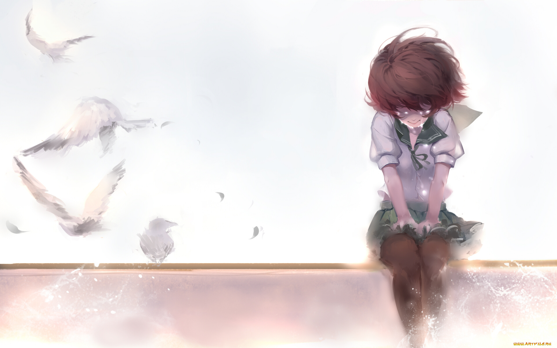 аниме, kantai, collection, mutsuki, девушка, арт, kantai, collection, птицы, плачет, sola7764, kancolle