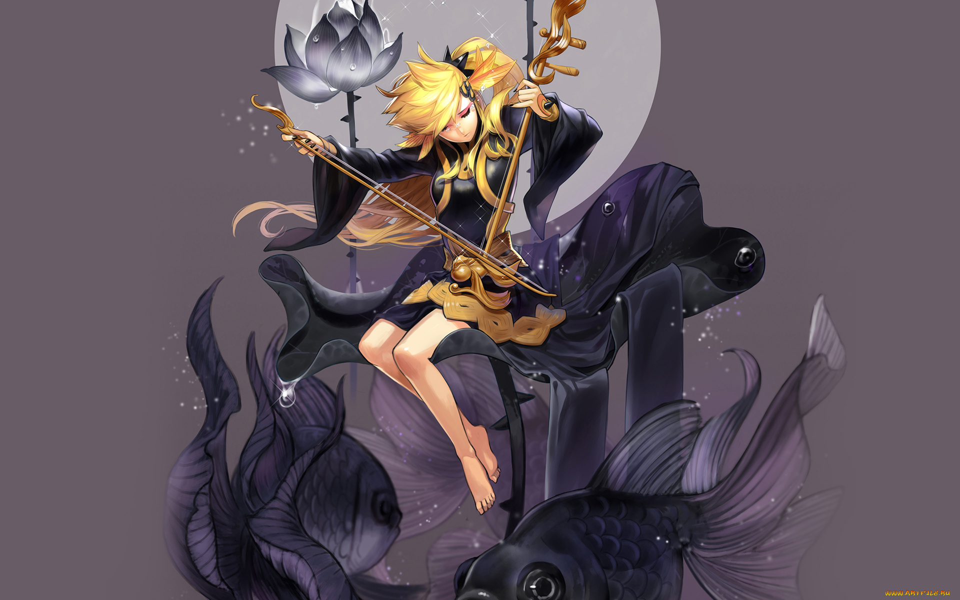 аниме, музыка, цветок, музыкальный, инструмент, рыбы, девушка, капли