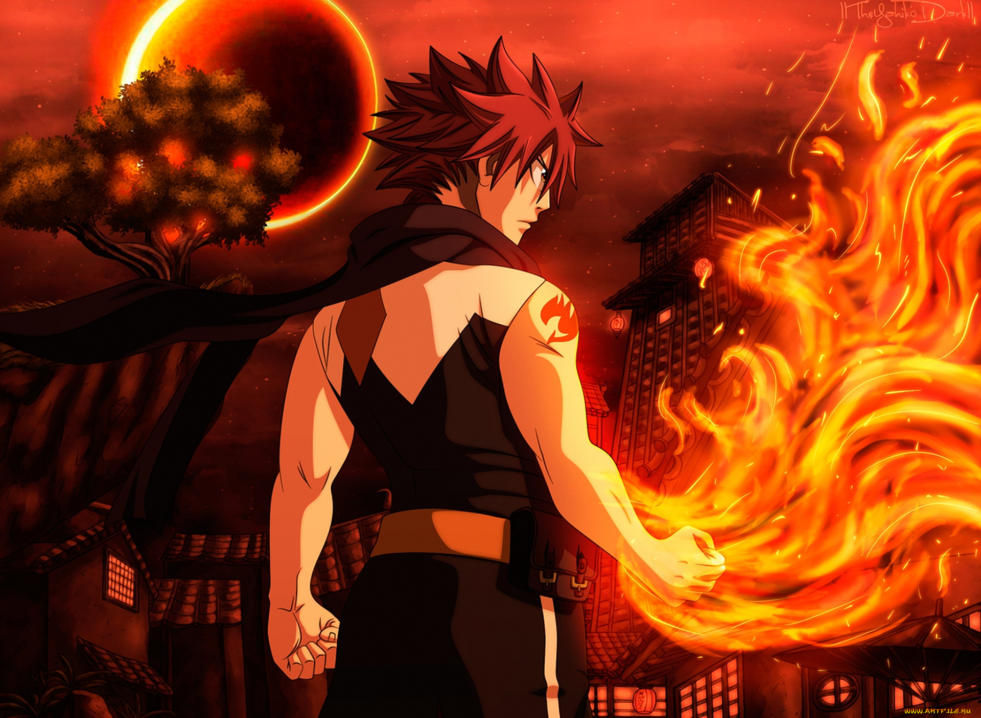 аниме, fairy, tail, луна, город, огонь, дракон, магия, волшебники, dragneel, natsu