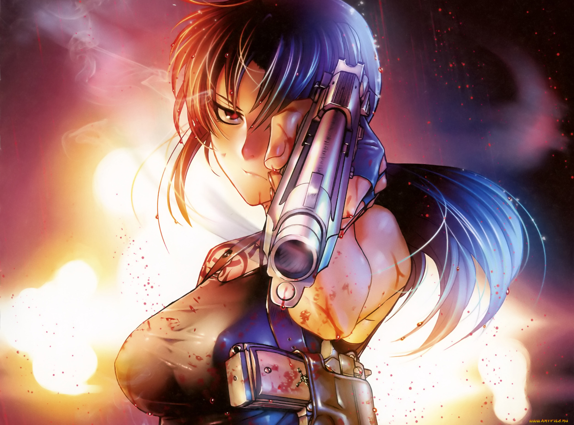 аниме, black, lagoon, девушка, пистолет, дым, hiroe, rei, оружие, revy, кобура