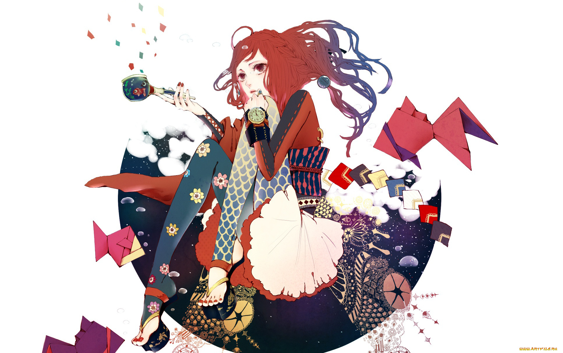 аниме, unknown, , другое, оригами, часы, коса, рыбка, девушка