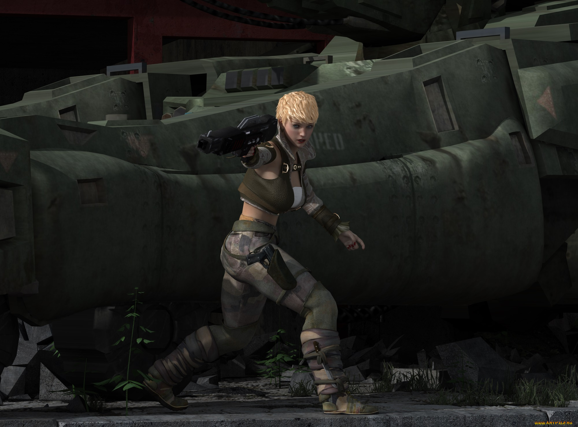 3д, графика, фантазия, , fantasy, оружие, девушка, блондинка, фон, взгляд