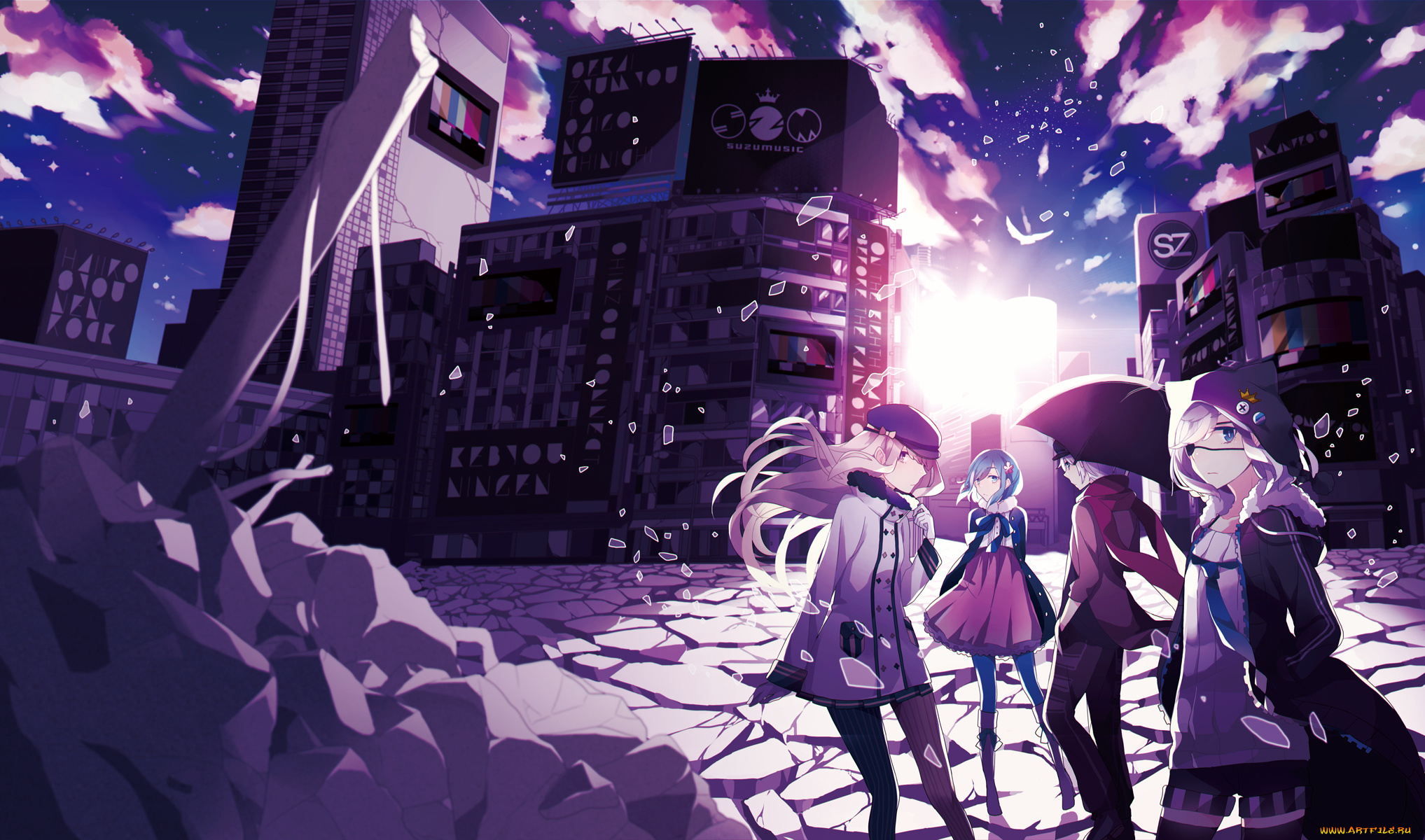 аниме, город, , улицы, , здания, artist, saine, осколки, улица, гороз, арт, девушки, здания