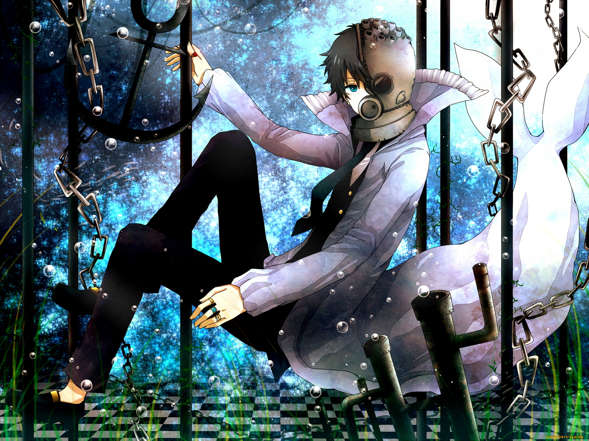 аниме, оружие, , техника, , технологии, под, водой, галстук, вода, парень, арт, шлем, трава, цепи, пузыри