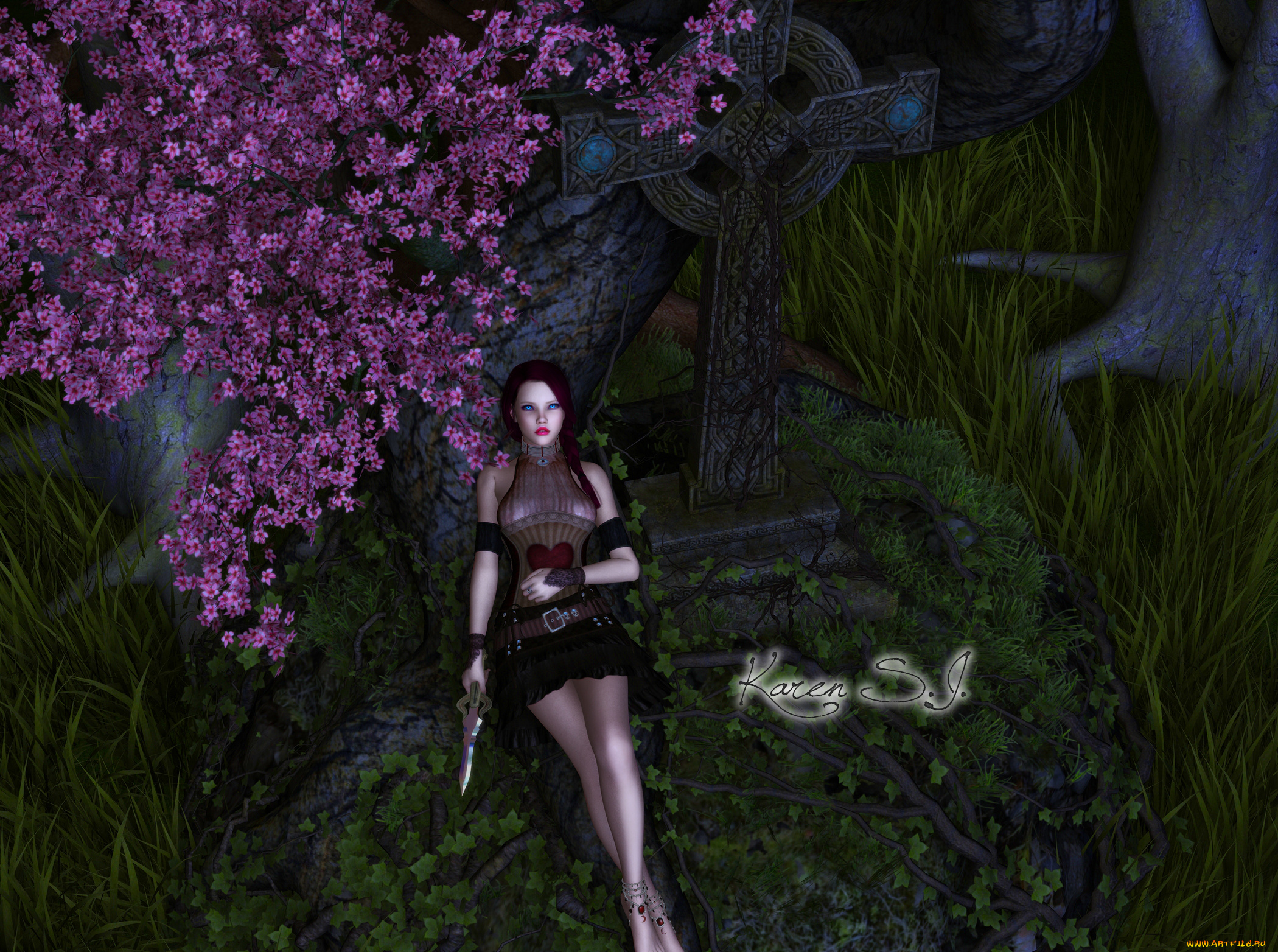 3д, графика, люди, , people, сакура, взгляд, фон, оружие, девушка