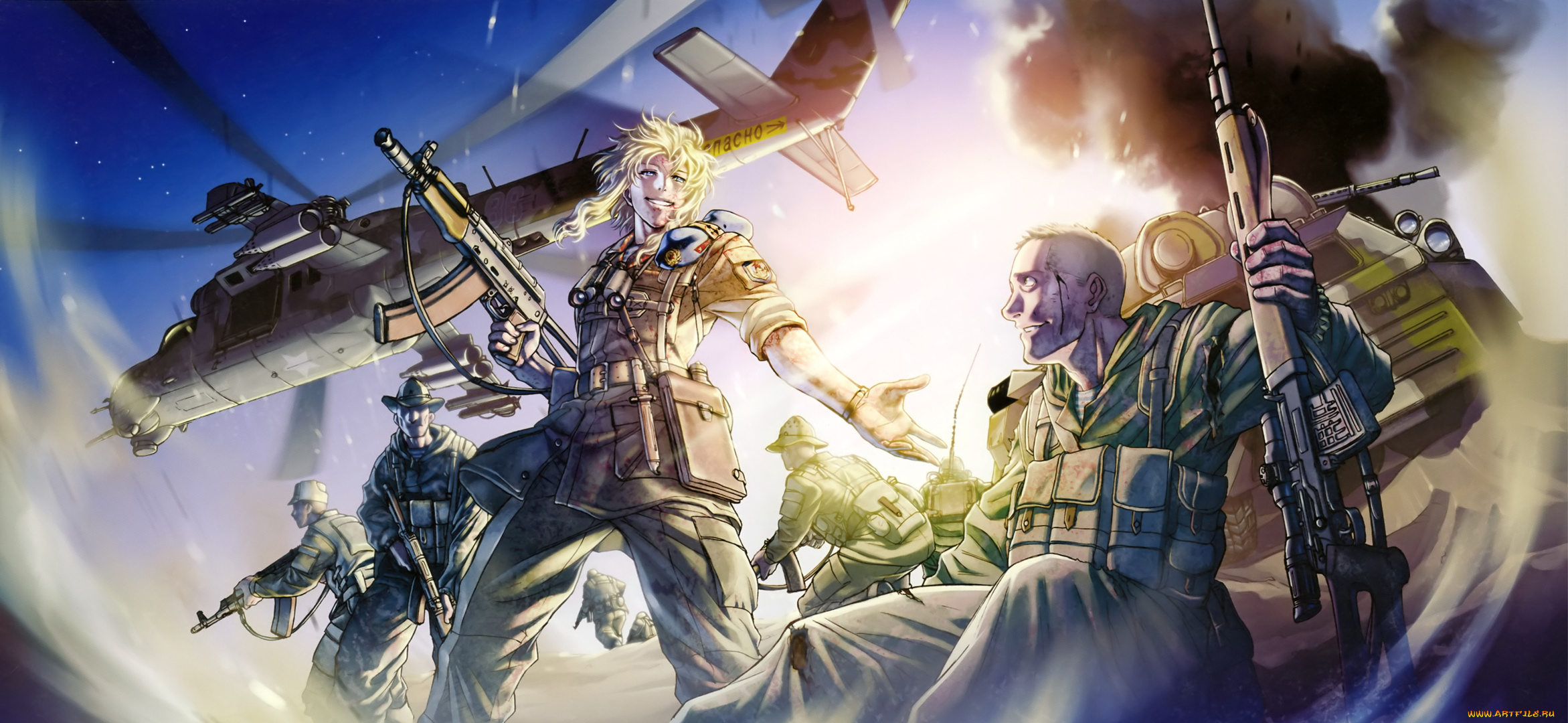 аниме, black, lagoon, солнце, кровь, оружие, солдат, танк, автомат, вертолёт, девушка, мужчина, шляпа, hiroe, rei, balalaika