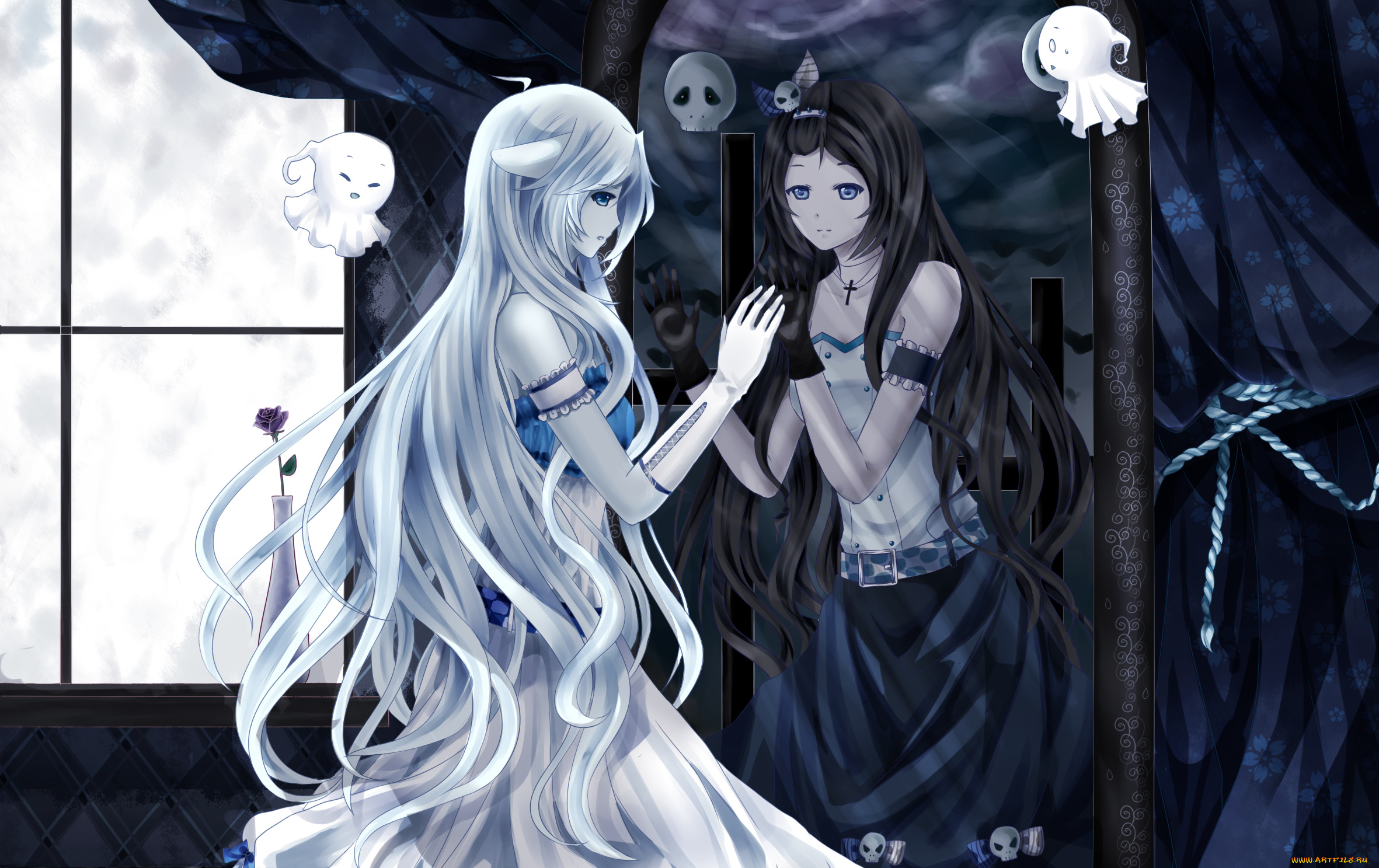 аниме, магия, , колдовство, , halloween, череп, приведения, девушка, зеркало, отражение