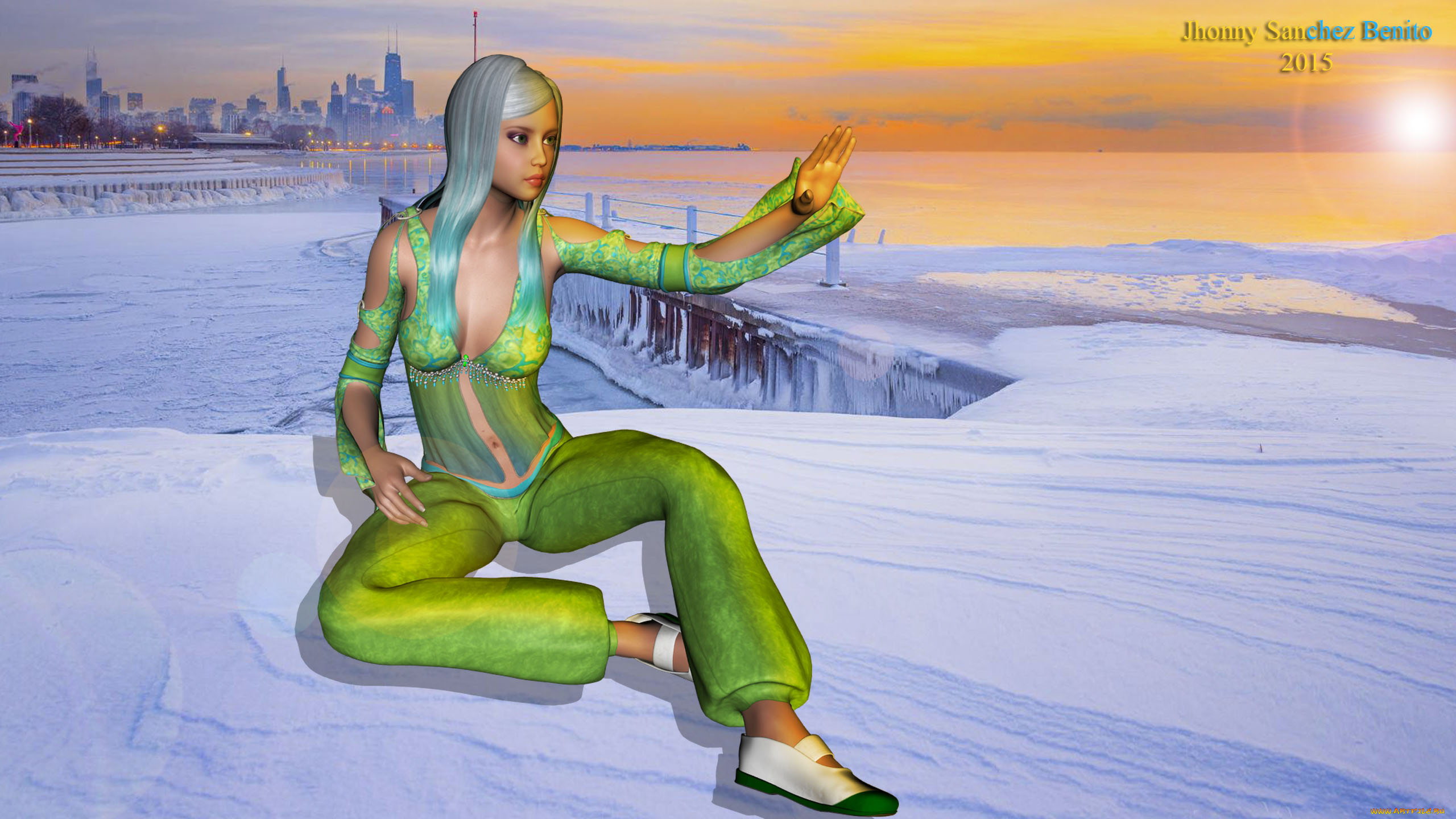 3д, графика, люди, , people, девушка, взгляд, фон, снег, мост, город, закат