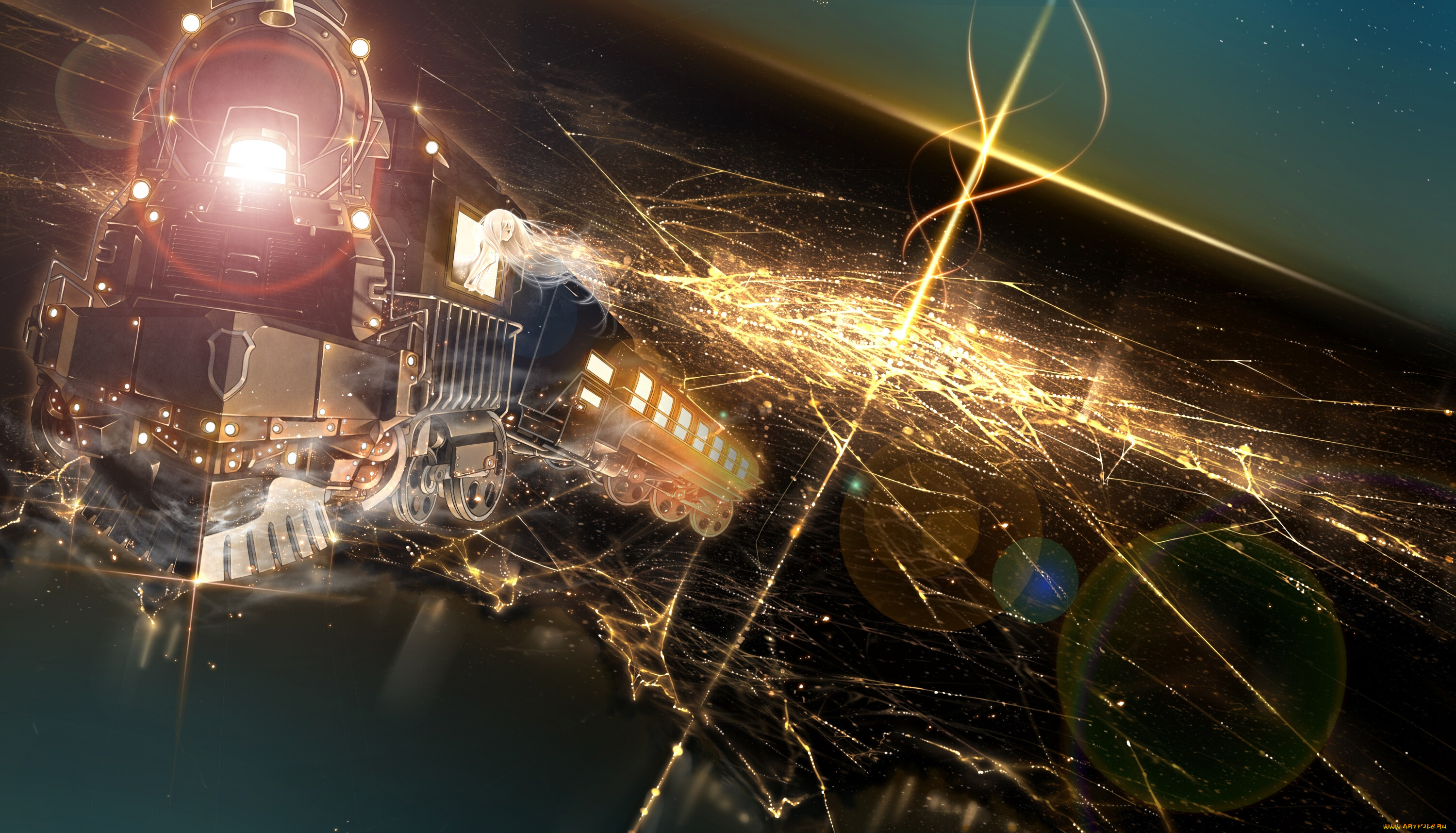 аниме, город, , улицы, , здания, поезд, огни, фантастика, девушка, ночь, арт, bouno, satoshi