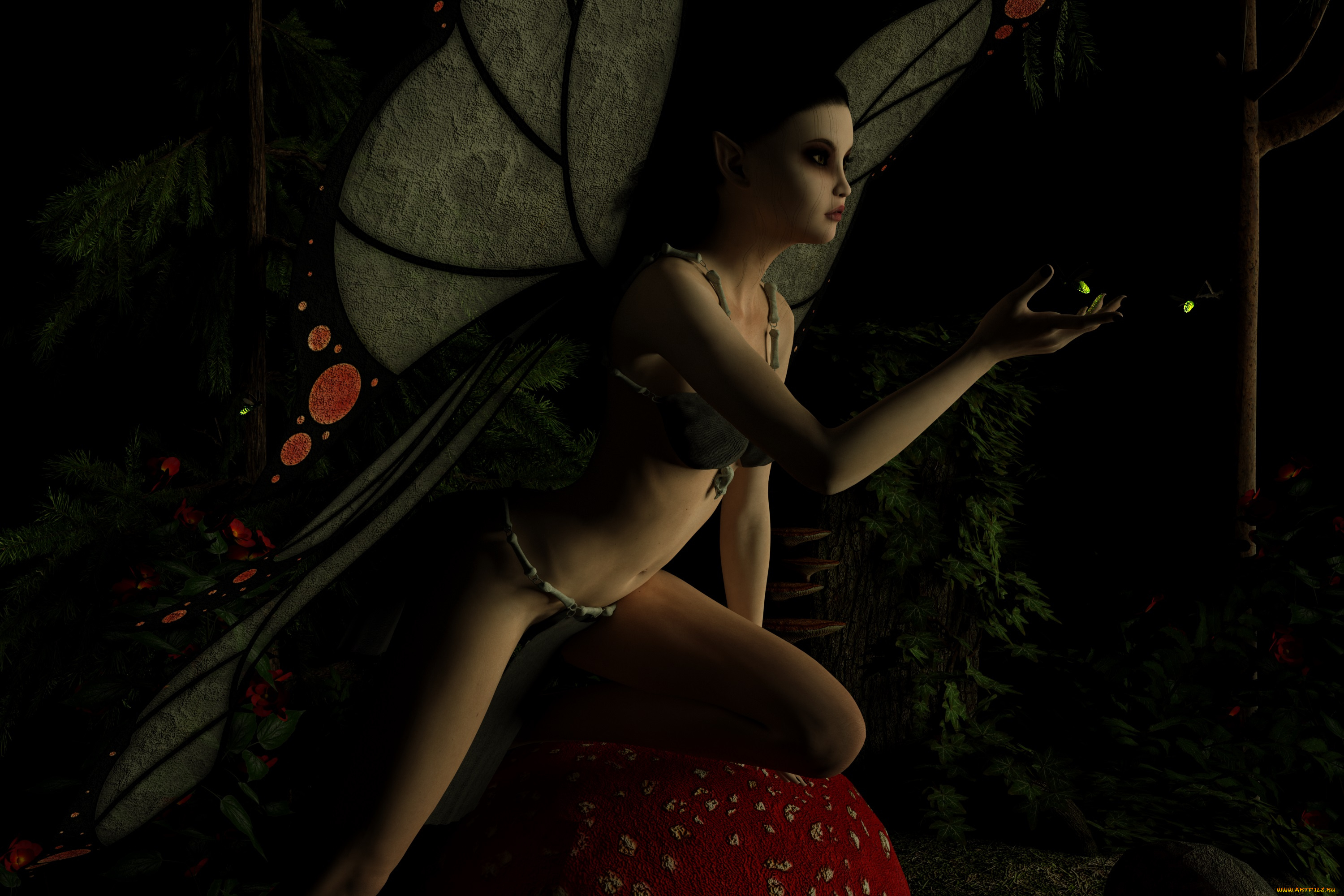 3д, графика, эльфы, , elves, яблоко, фон, взгляд, эльфийка