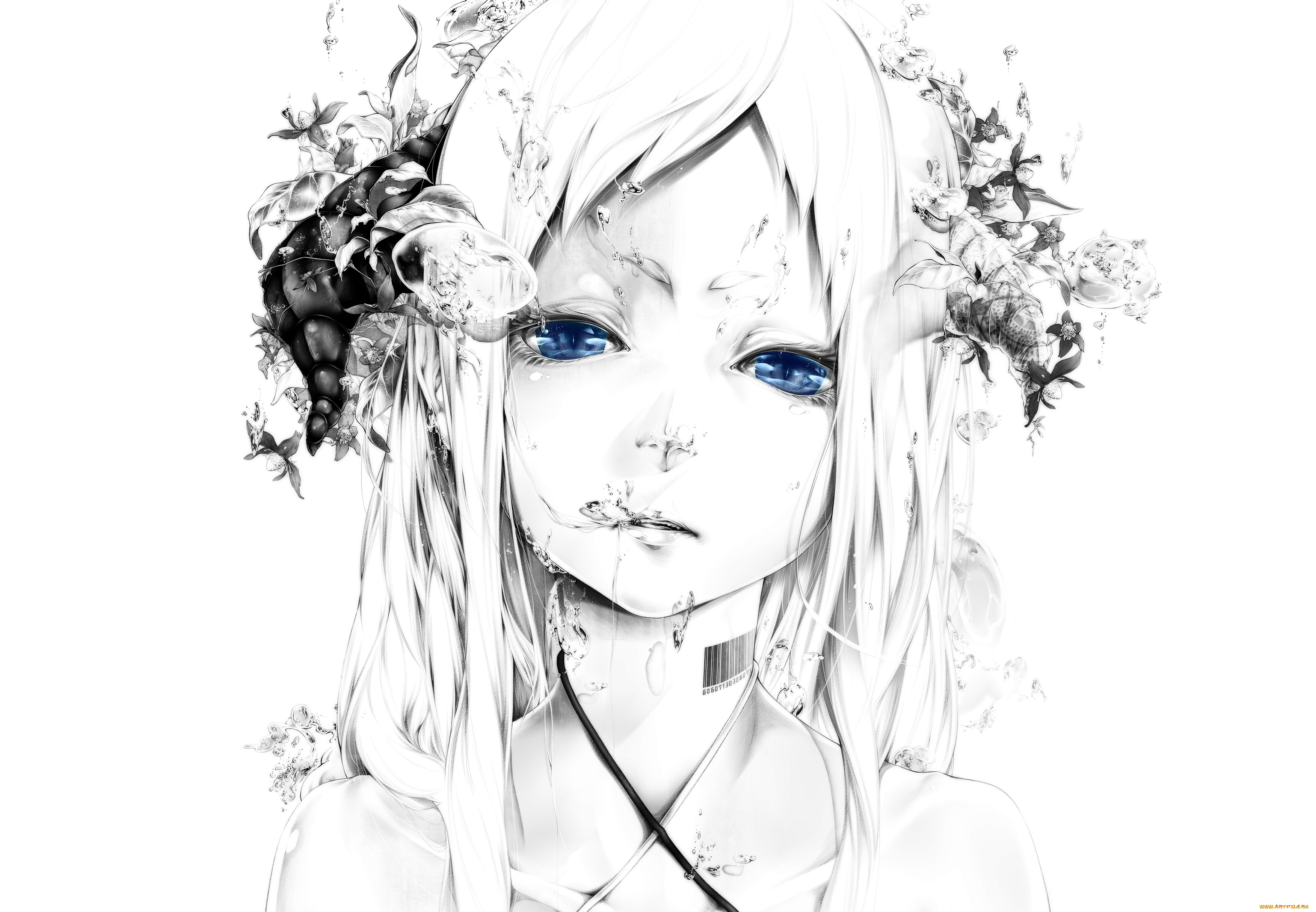 аниме, животные, , существа, девушка, венок, арт, цветы, взгляд, bouno, satoshi