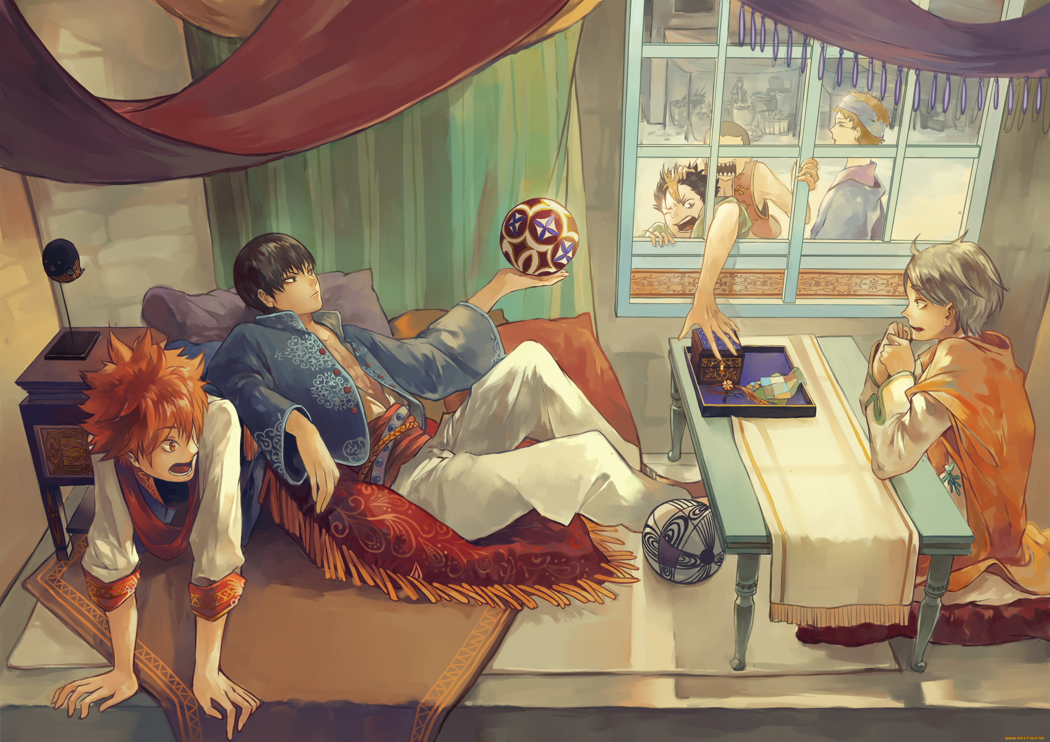 аниме, haikyuu, комната, парни, nishinoya, yuu, tobio, kageyama, окно, мяч, anaka, ryunosuke, sugawara, koushi, tsukishima, kei, shouyou, hinata