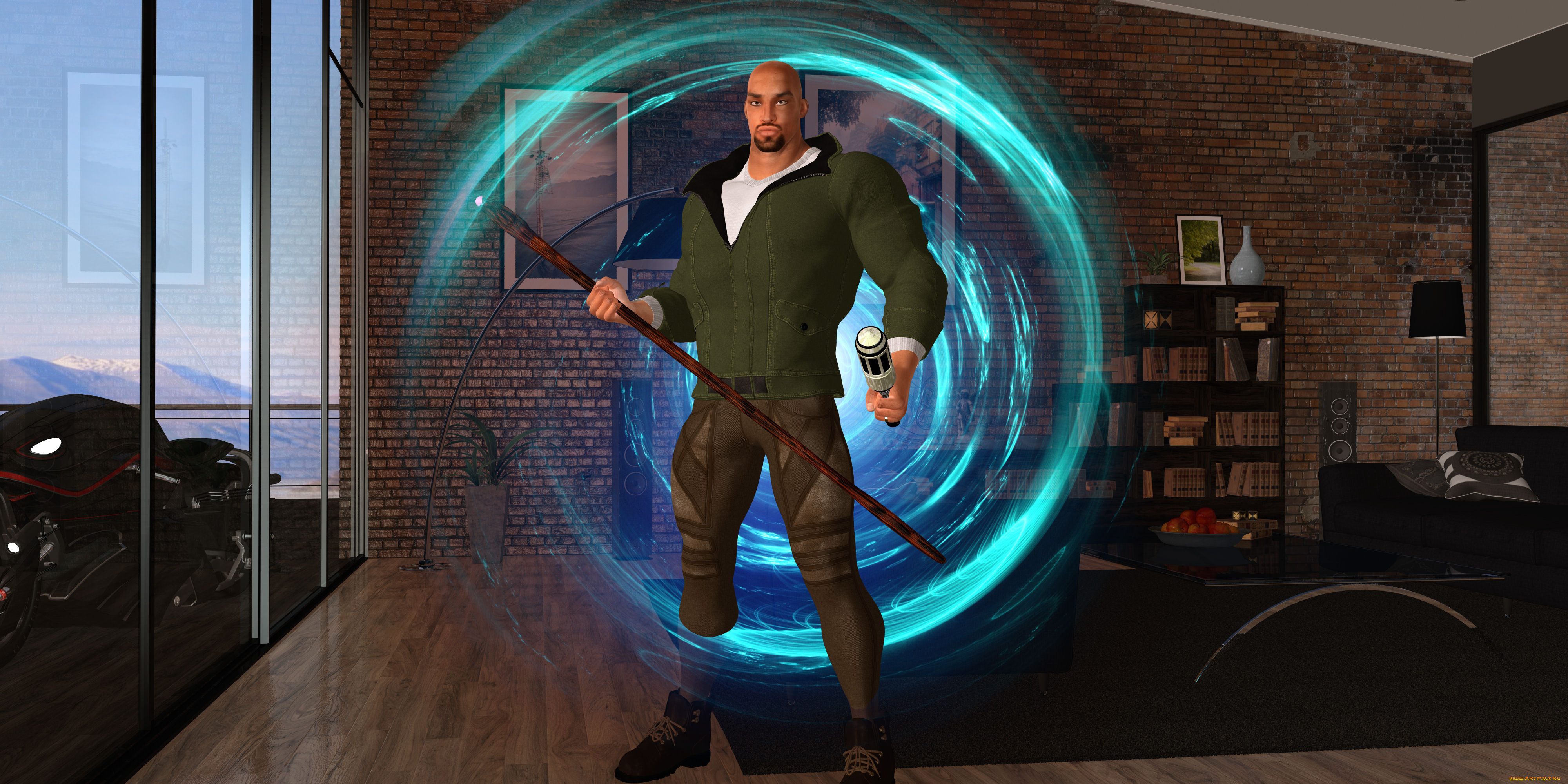 3д, графика, фантазия, , fantasy, мужчина, шест, магия