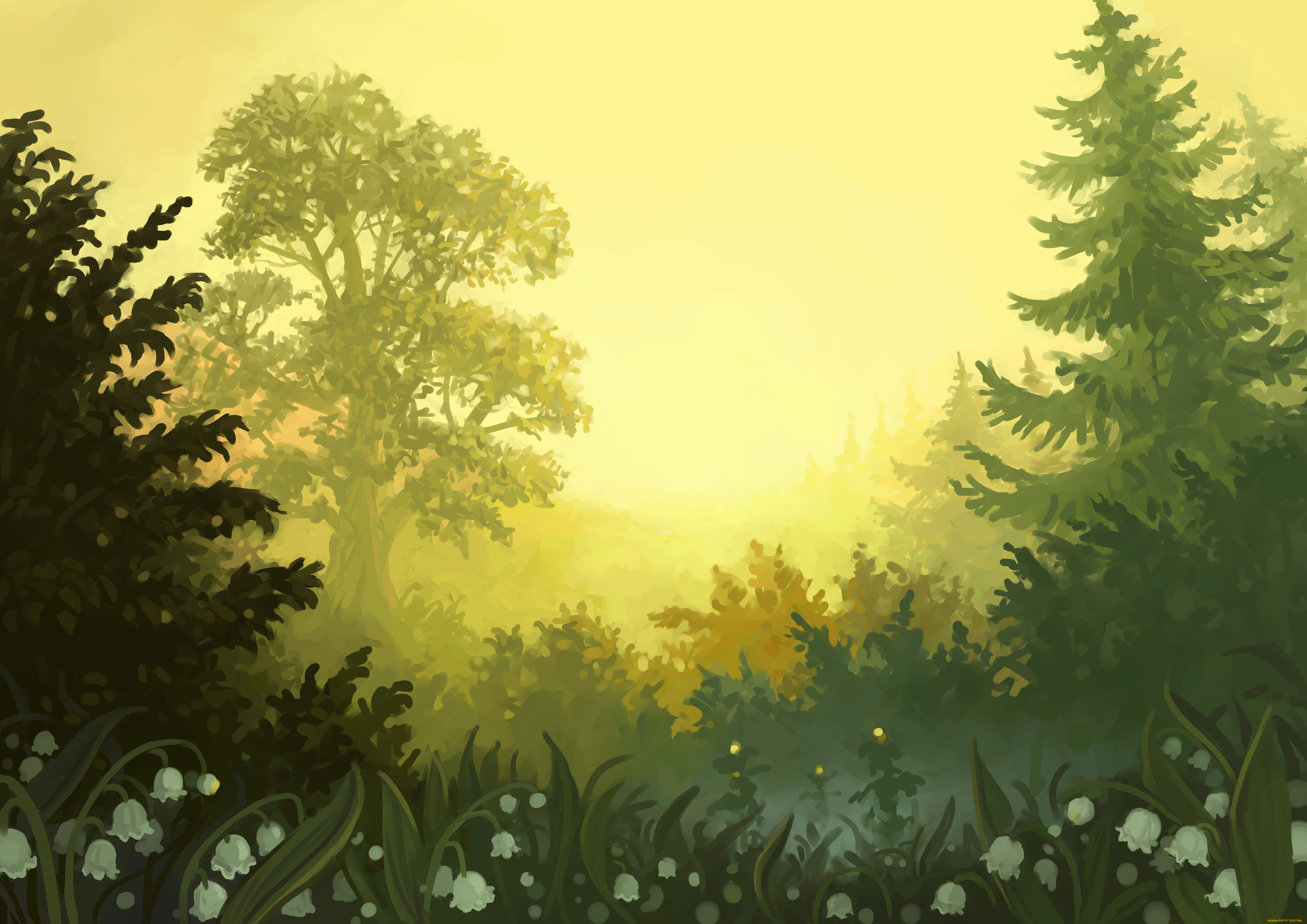 рисованное, природа, ландыши, деревья