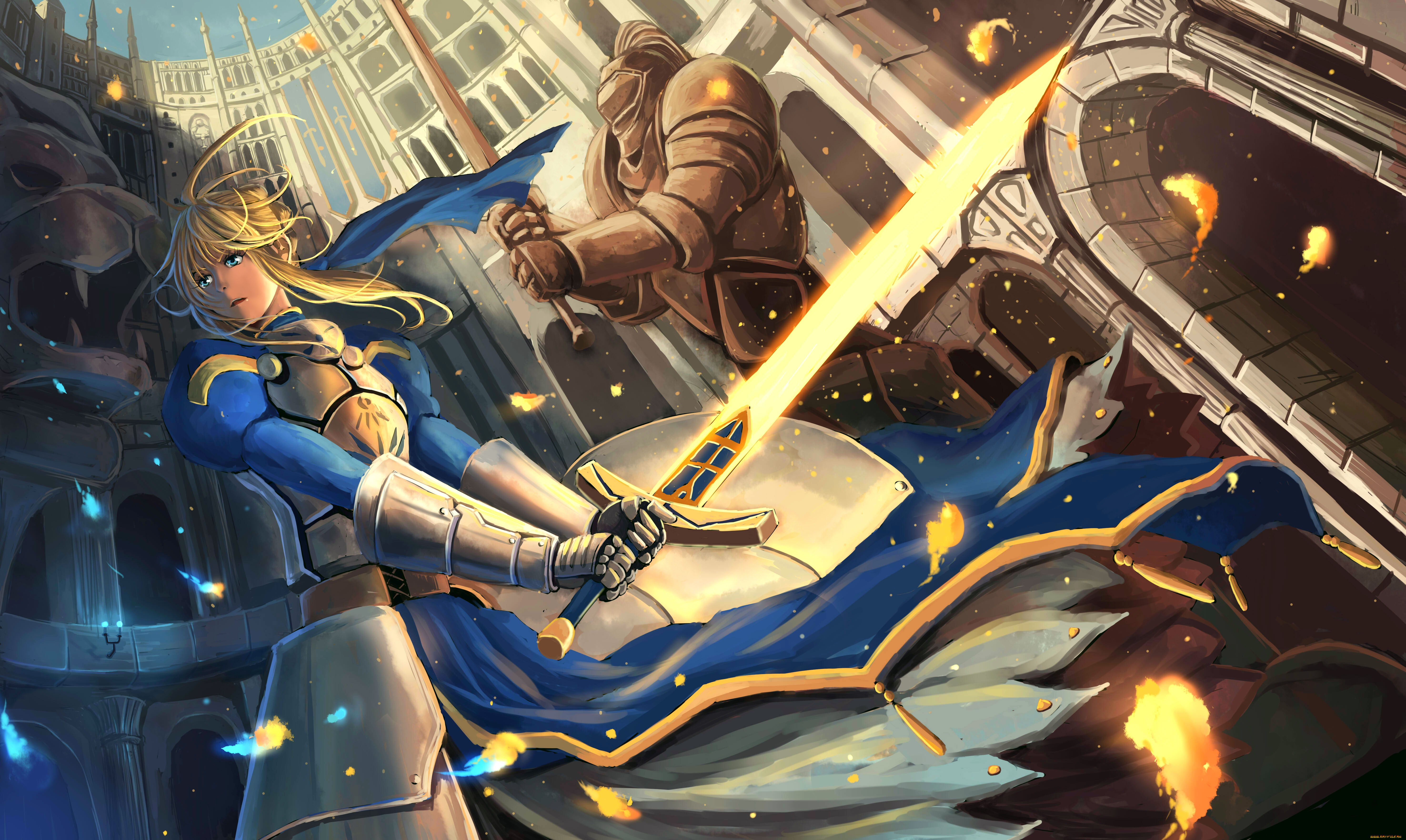 аниме, fate, stay, night, оружие, zen, saber, stay, night, меч, девушка, арт, искры, weishanzhe