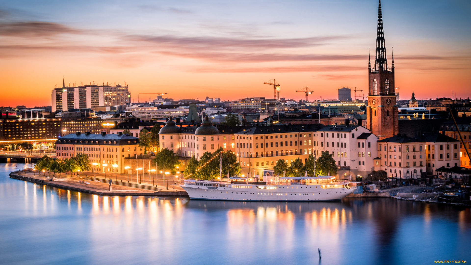 города, стокгольм, , швеция, стокгольм, море, небо, огни, дома, корабль