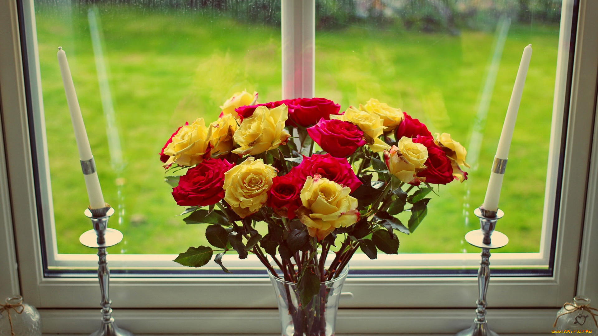 цветы, розы, свечи, букет