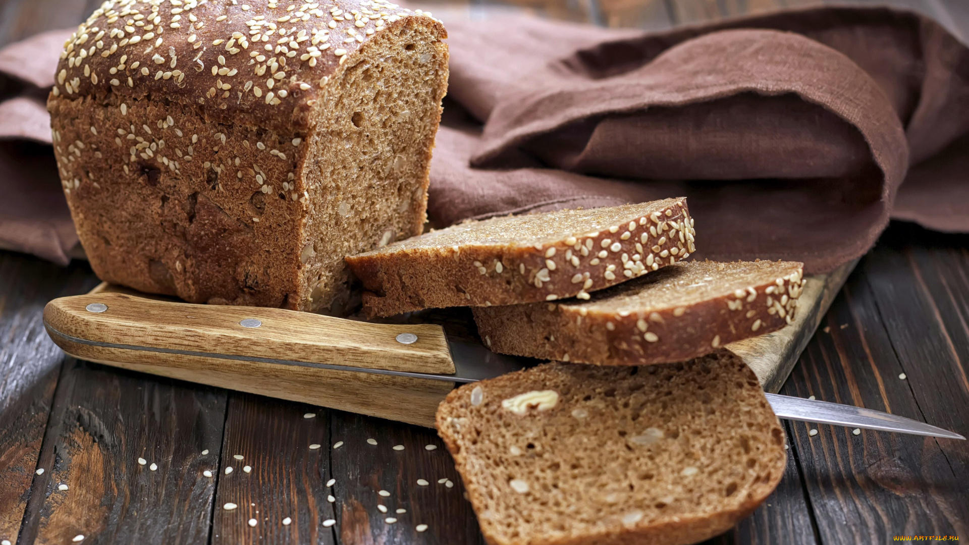 еда, хлеб, , выпечка, кунжут, ломти, буханка