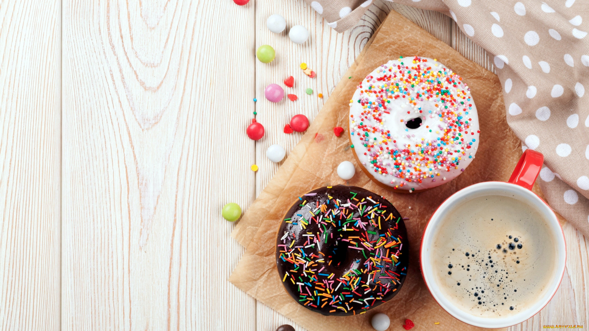 еда, хлеб, , выпечка, пончики, кофе, драже