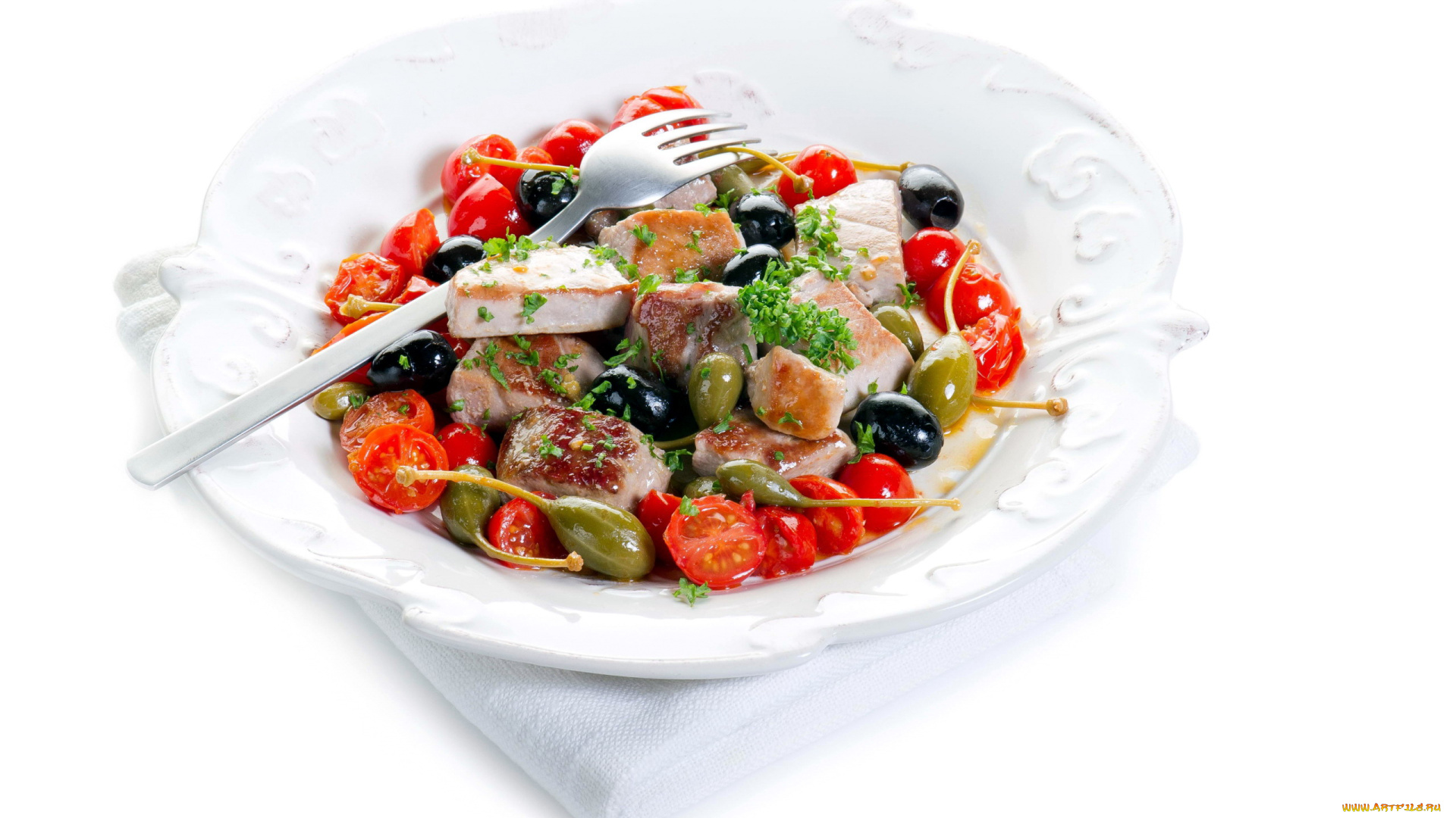 еда, салаты, , закуски, салат, каперсы, мясо, черри, помидоры, оливки, маслины, томаты
