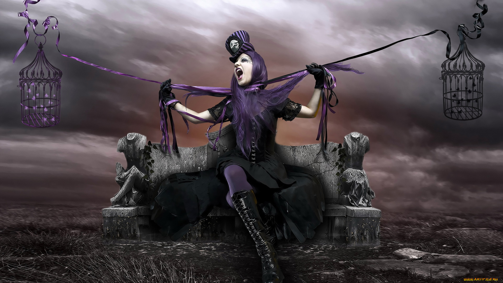 фэнтези, фотоарт, девушка, ведьма, колдунья, клетки, цилиндр, готика