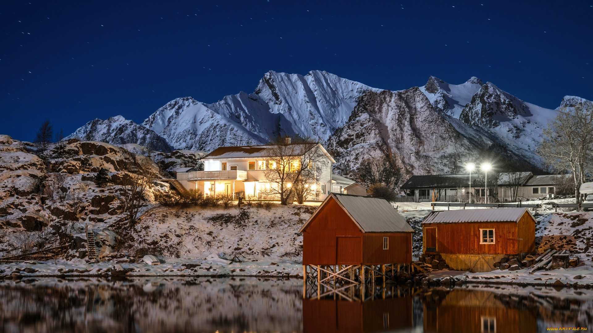 города, -, здания, , дома, норвегия, ночь, небо, звезды, скалы, горы, лестница, дома, огни, озеро, берег