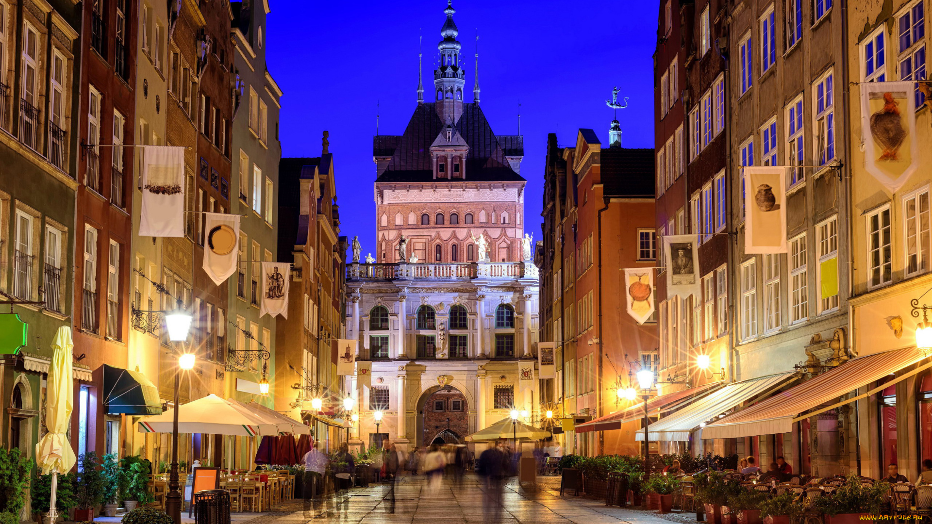 города, гданьск, , польша, фонари, уличное, кафе, вечер
