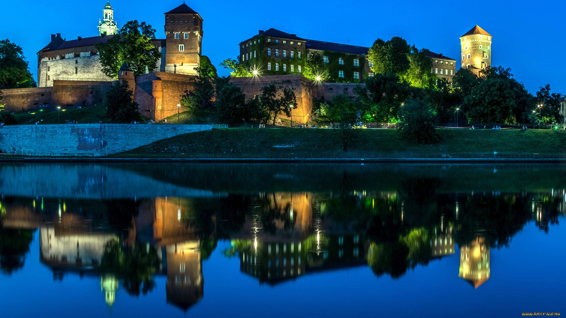 города, краков, , польша, река, замок, вечер, набережная