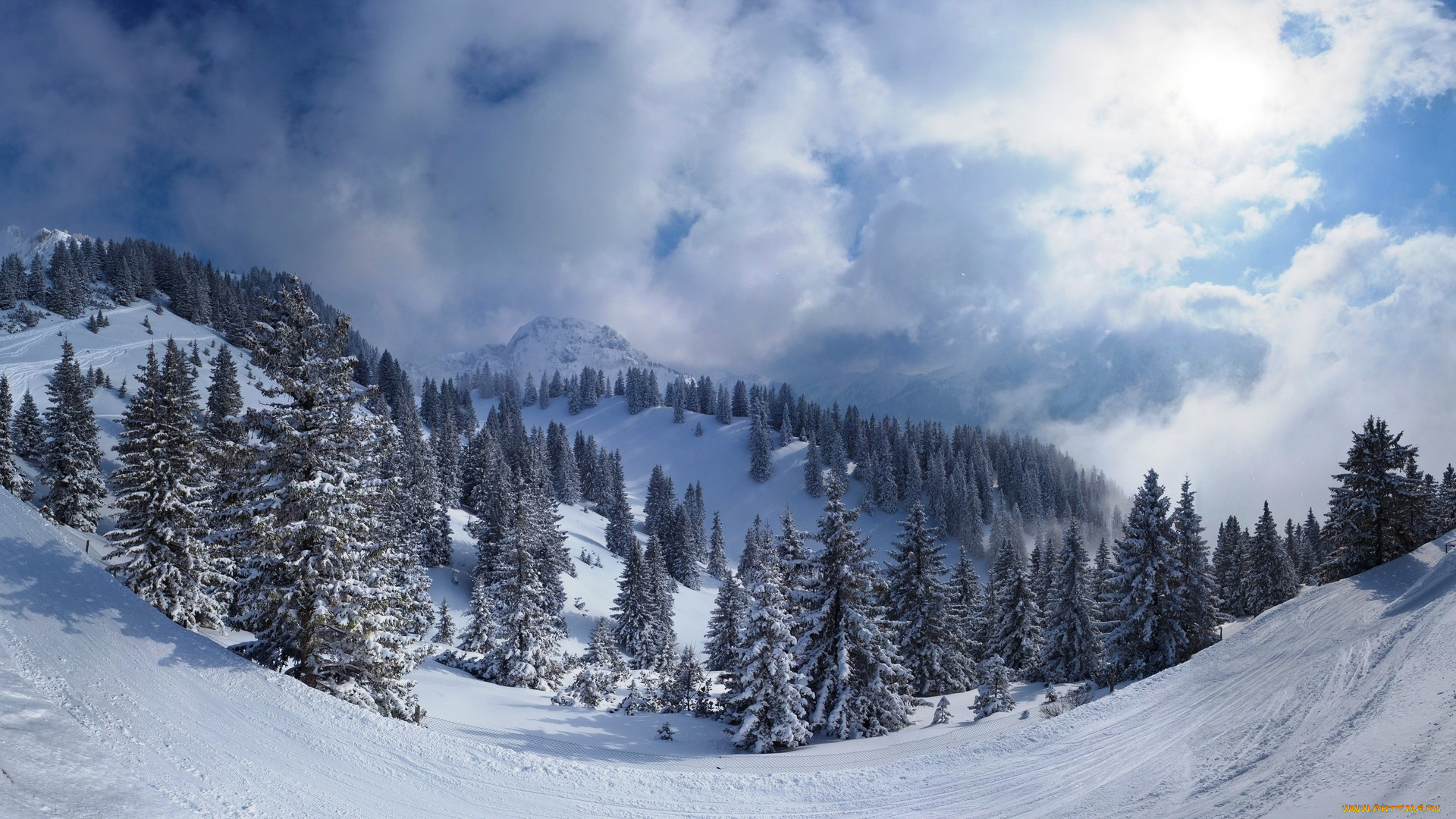 природа, горы, снег, зима, деревья, облака