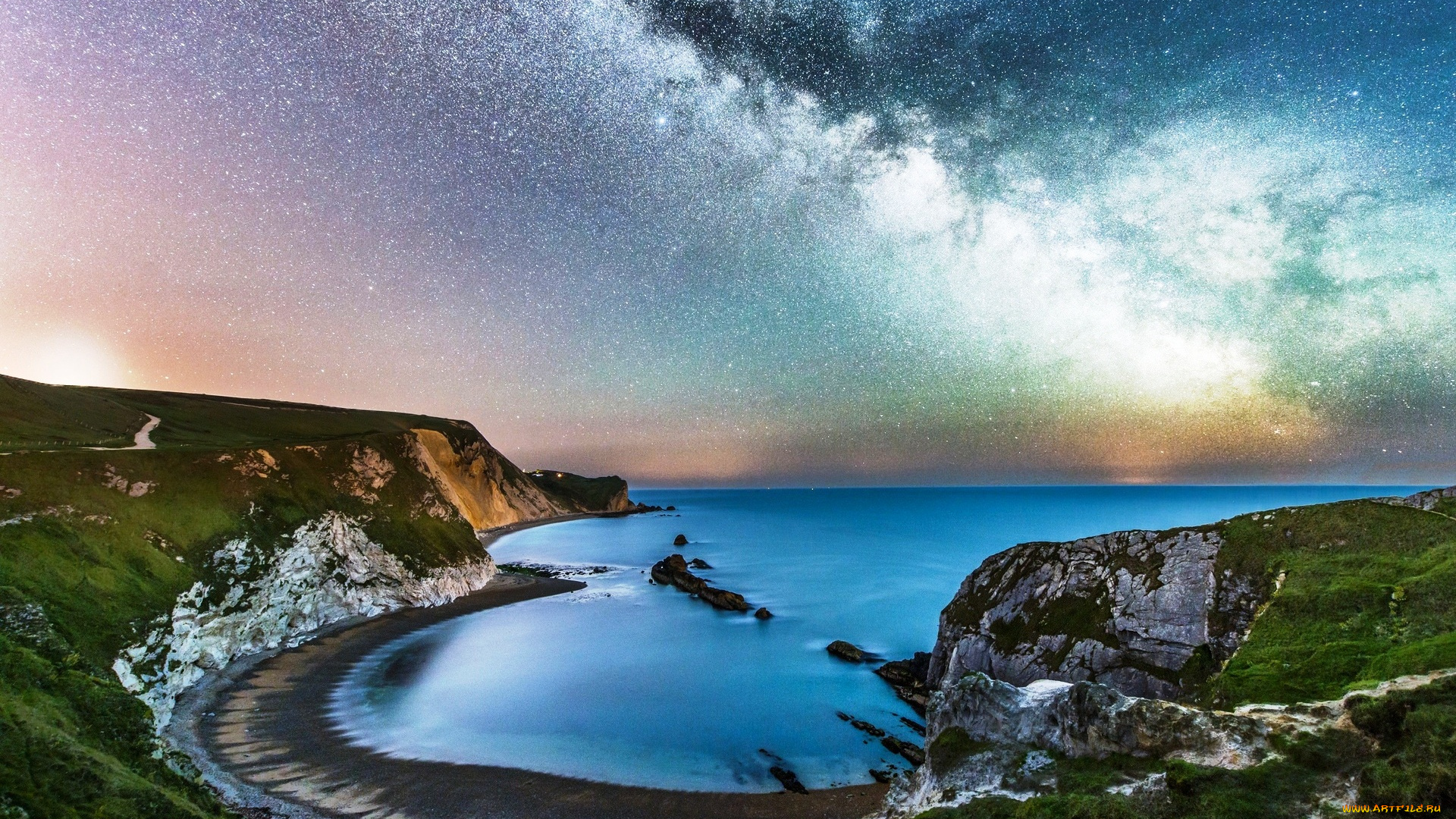 природа, побережье, море, берег, обрыв, камни, небо, звезды, млечный, путь