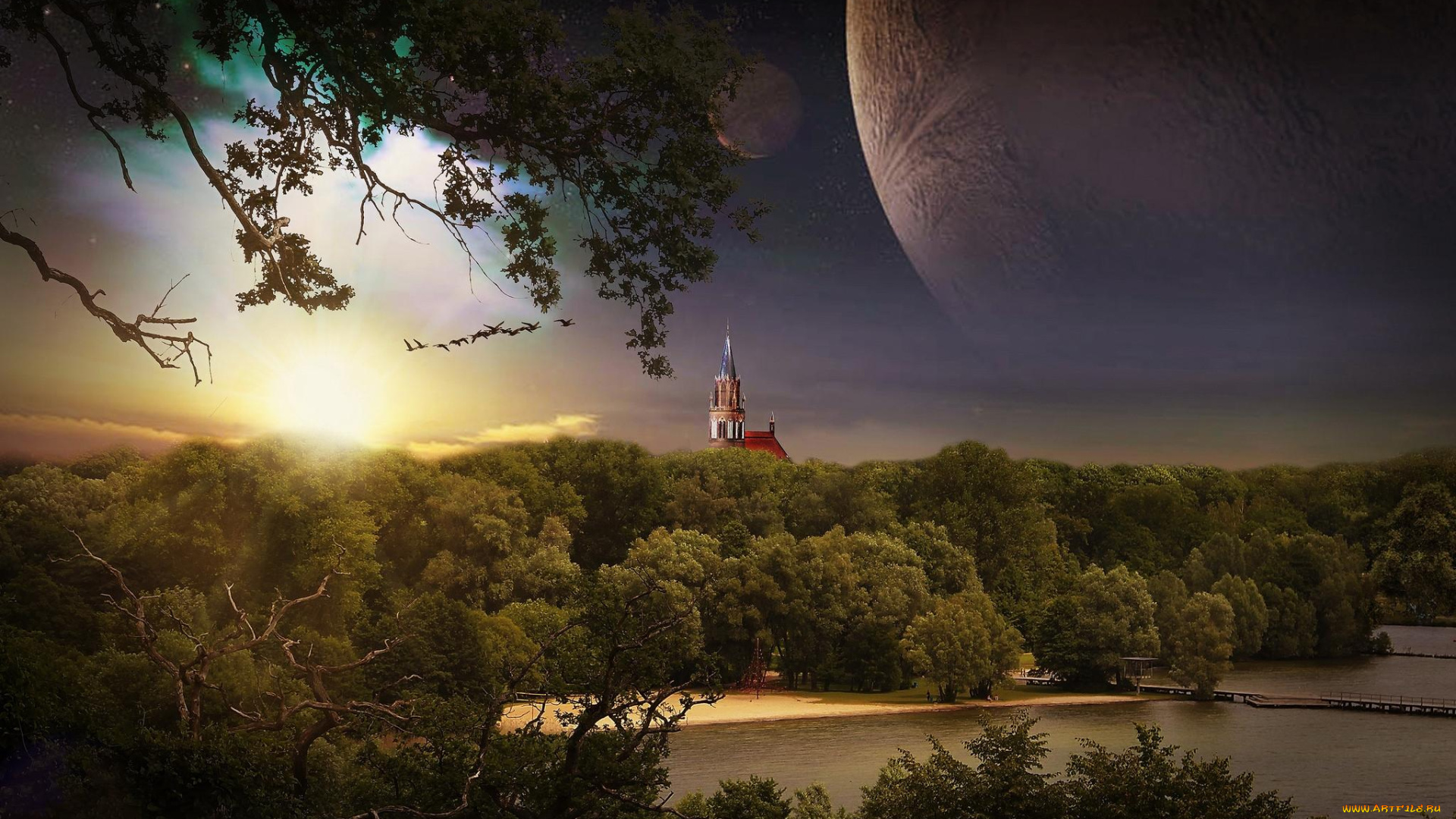 разное, компьютерный, дизайн, мариенкирхе, замок, закат, германия, нойбранденбург