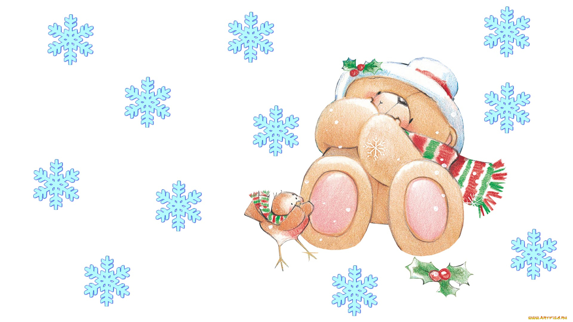 рисованное, мишки, тэдди, мишка, новый, год, настроение, детская, птичка