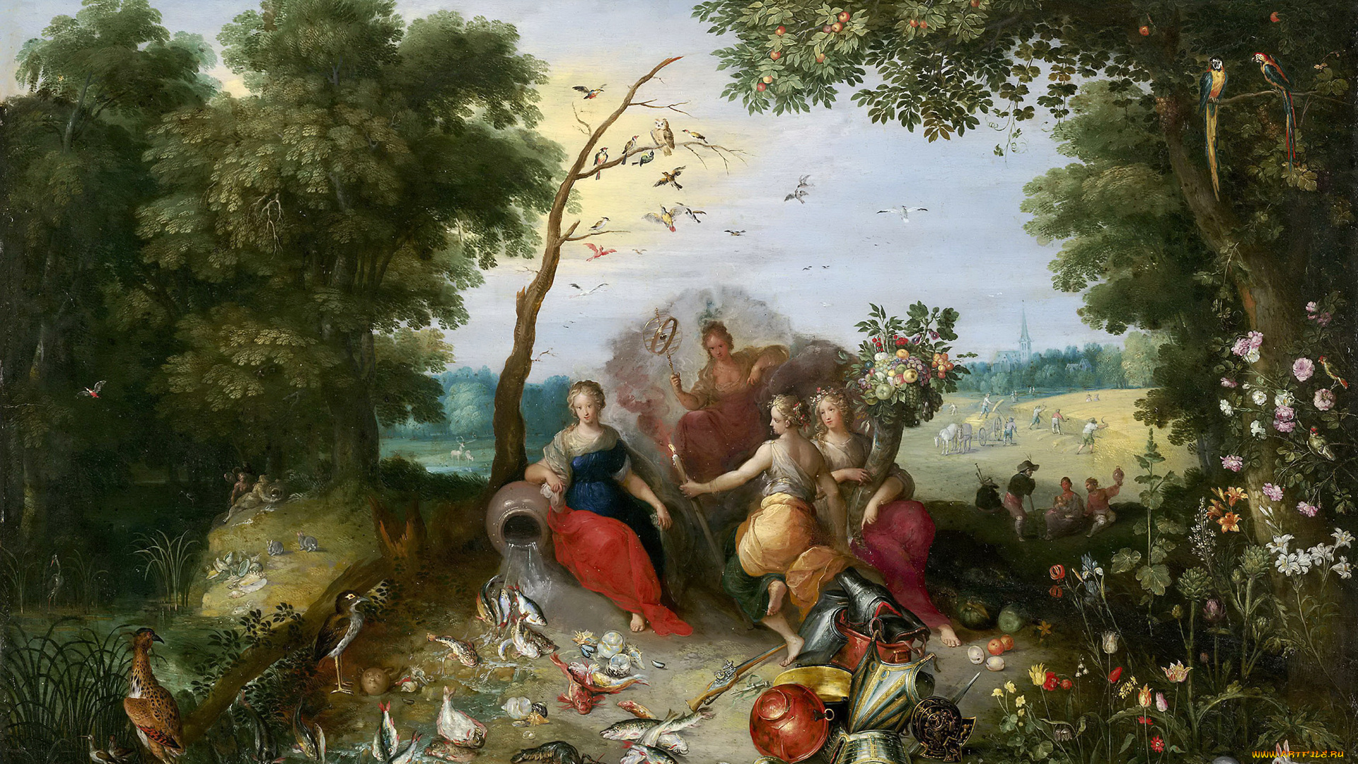 рисованное, живопись, Ян, брейгель, младший, аллегория, Четырех, элементов