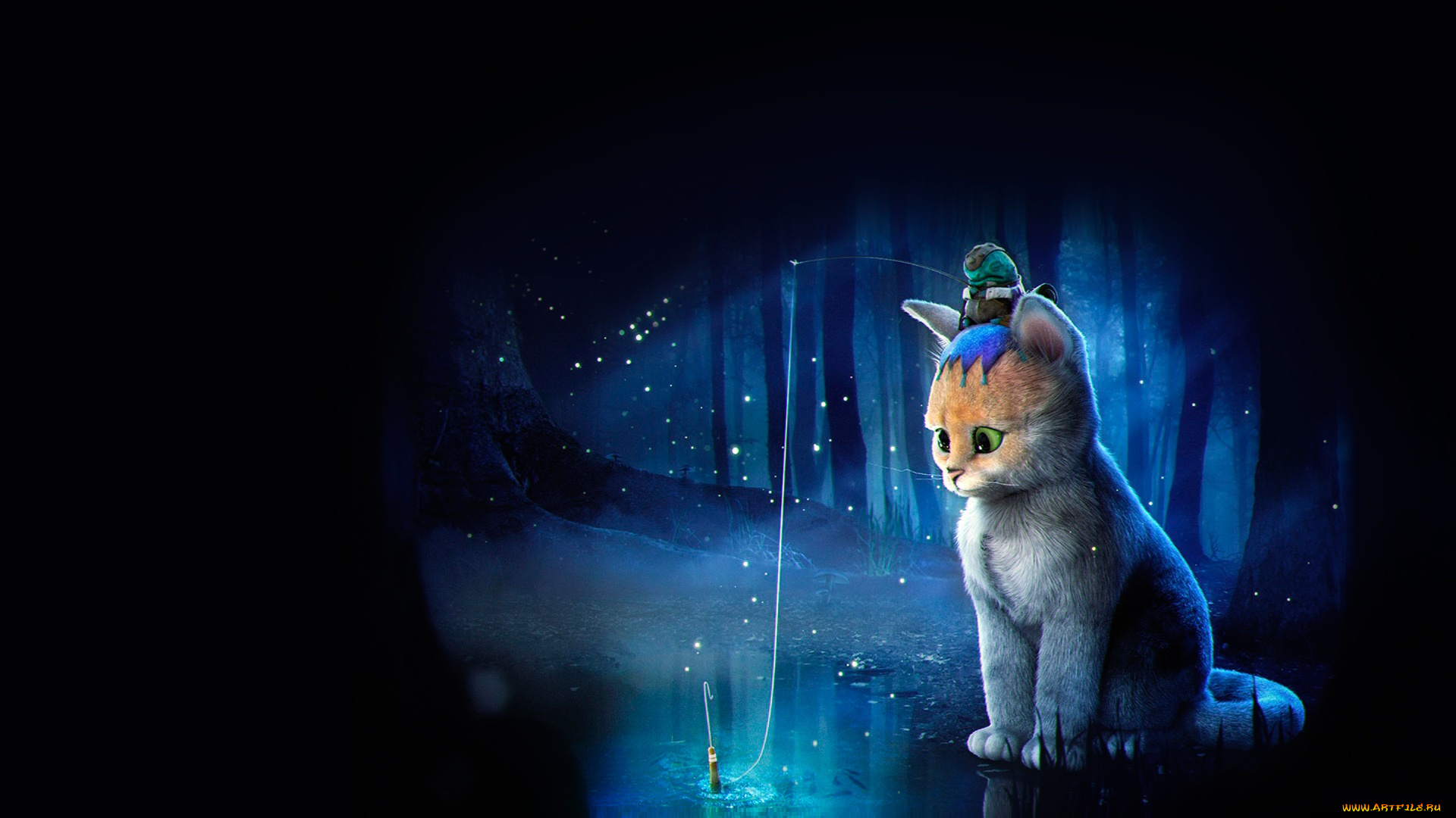 рисованное, животные, , коты, лес, рыбалка, фентези, арт, лягушка, детская, кошка