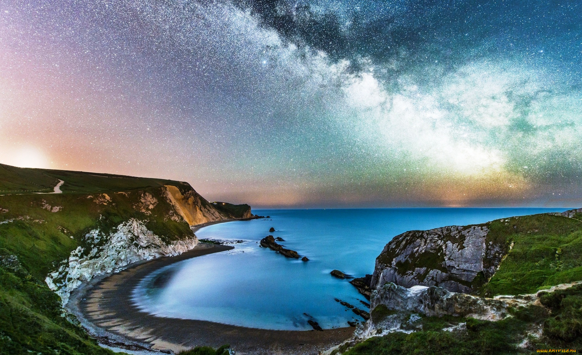 природа, побережье, море, берег, обрыв, камни, небо, звезды, млечный, путь