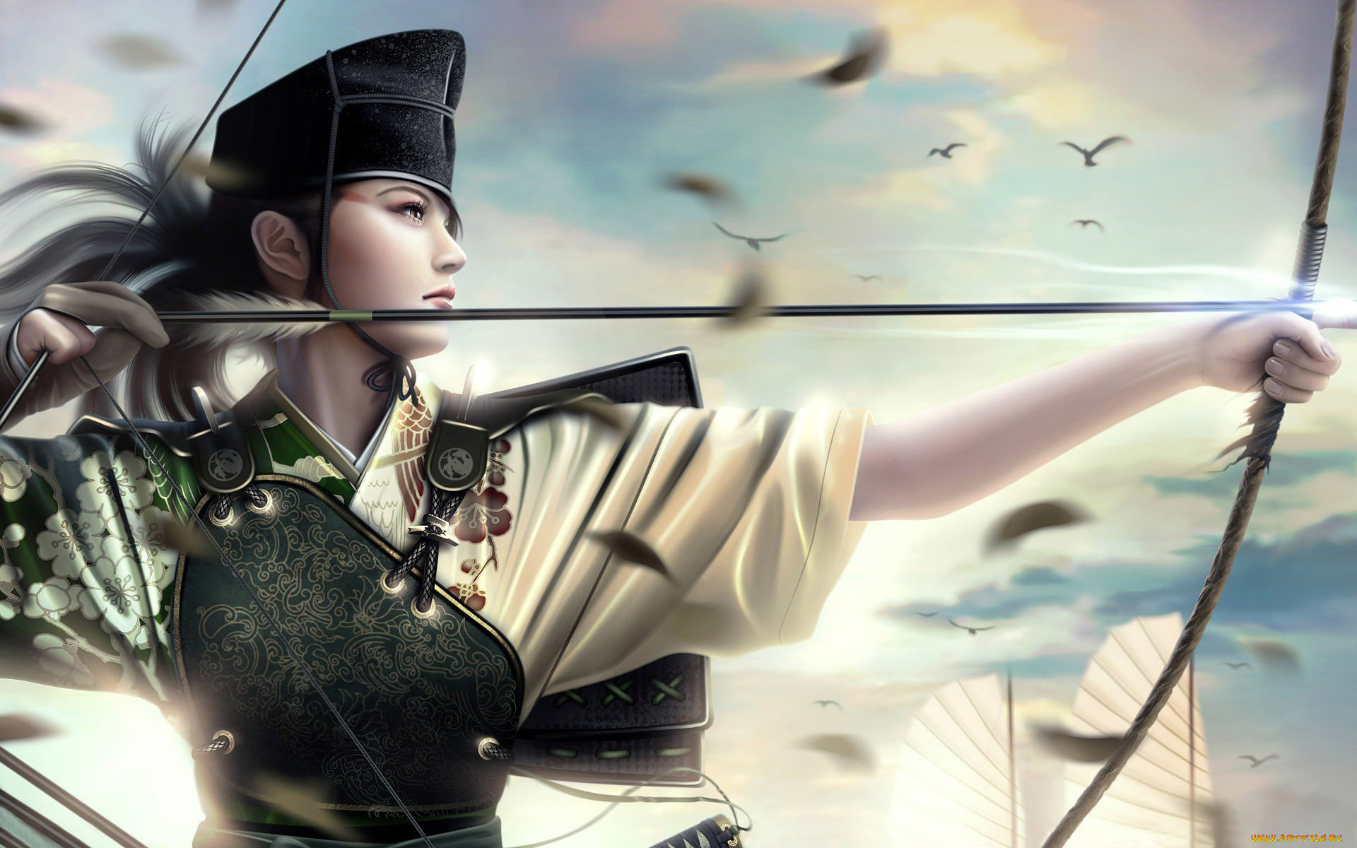 фэнтези, девушки, девушка, лук, стреляет, азиатка