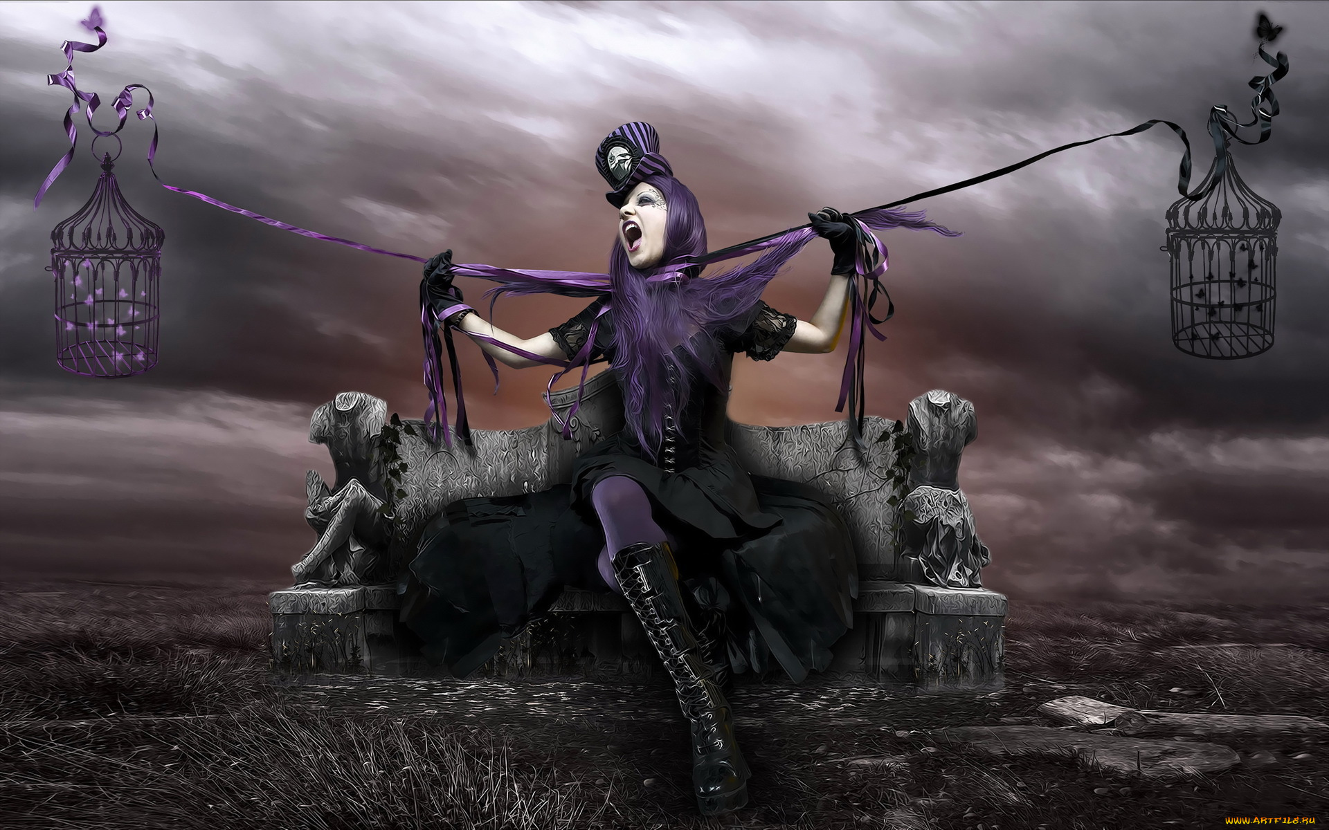 фэнтези, фотоарт, девушка, ведьма, колдунья, клетки, цилиндр, готика