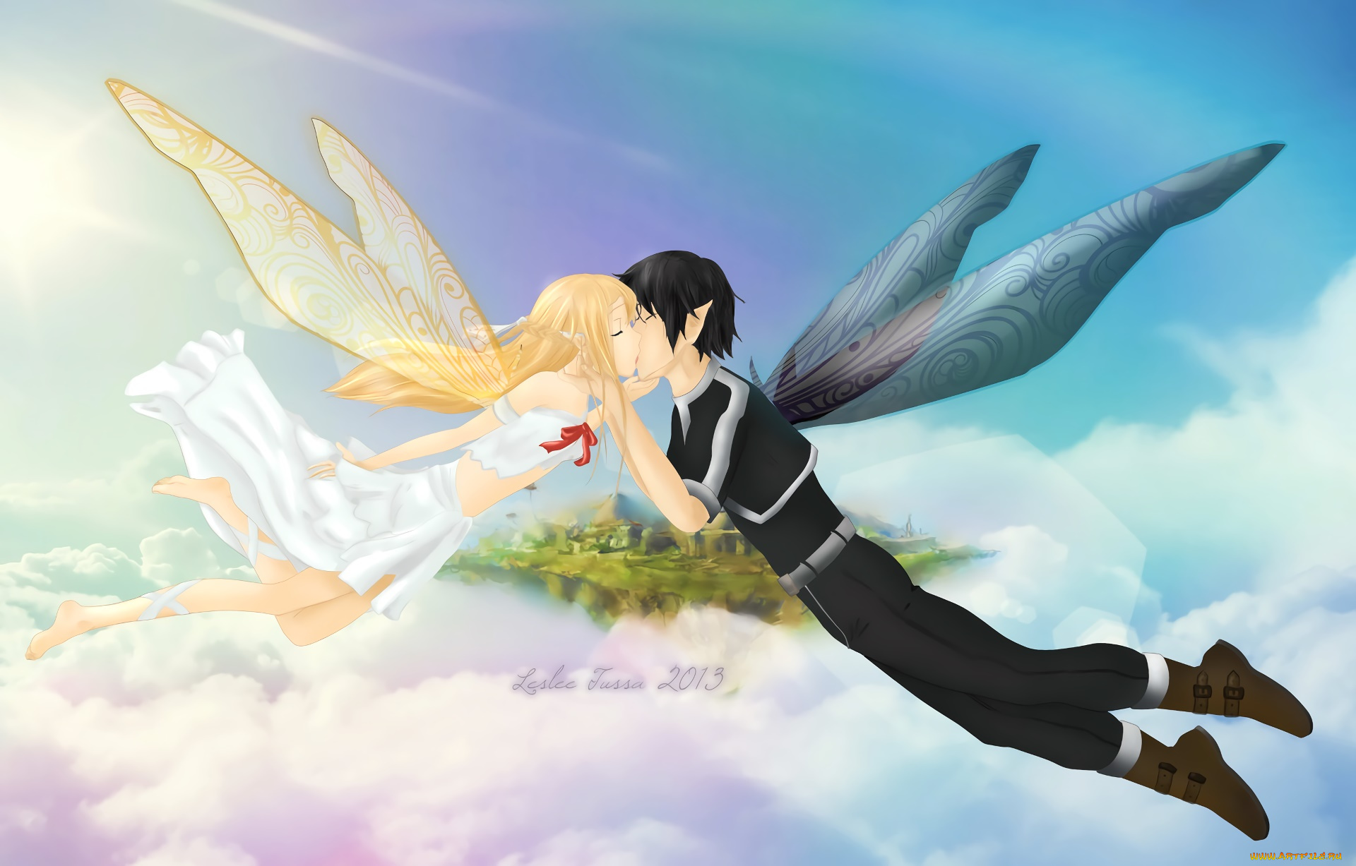 аниме, sword, art, online, парень, фон, взгляд, девушка