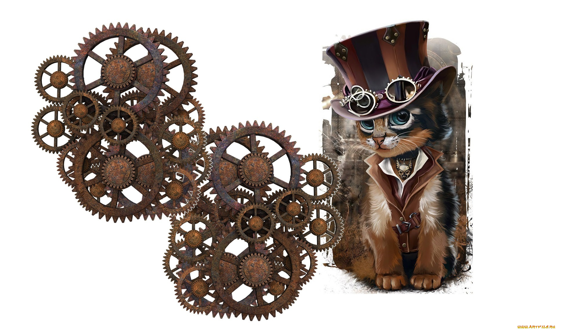 рисованное, животные, , коты, механизм, шляпа