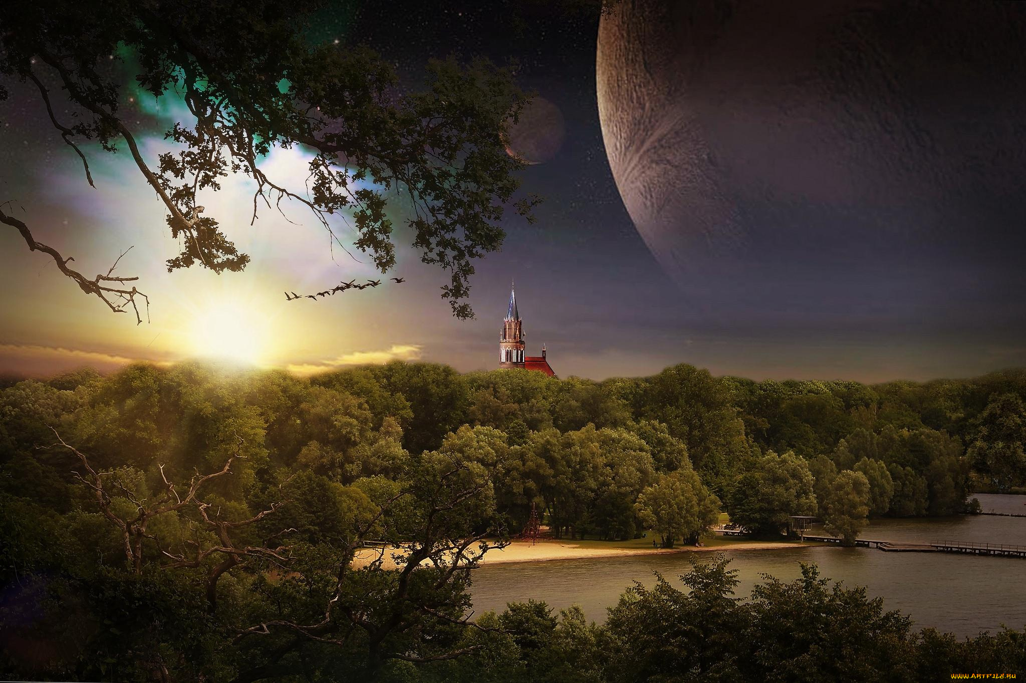 разное, компьютерный, дизайн, мариенкирхе, замок, закат, германия, нойбранденбург