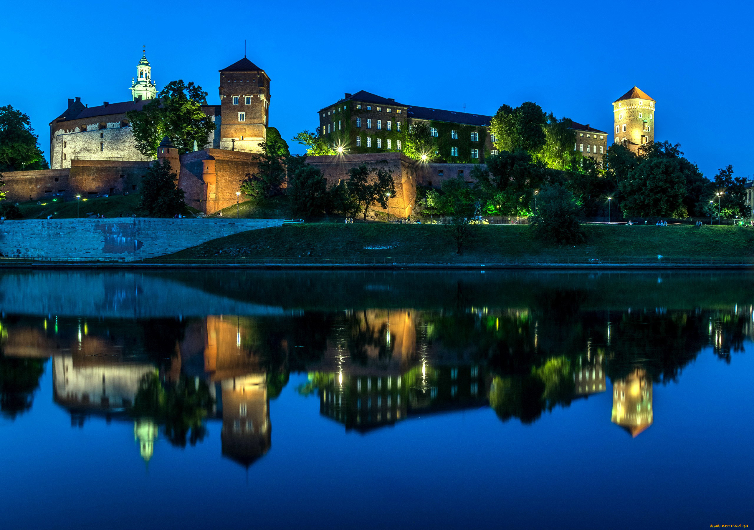 города, краков, , польша, река, замок, вечер, набережная