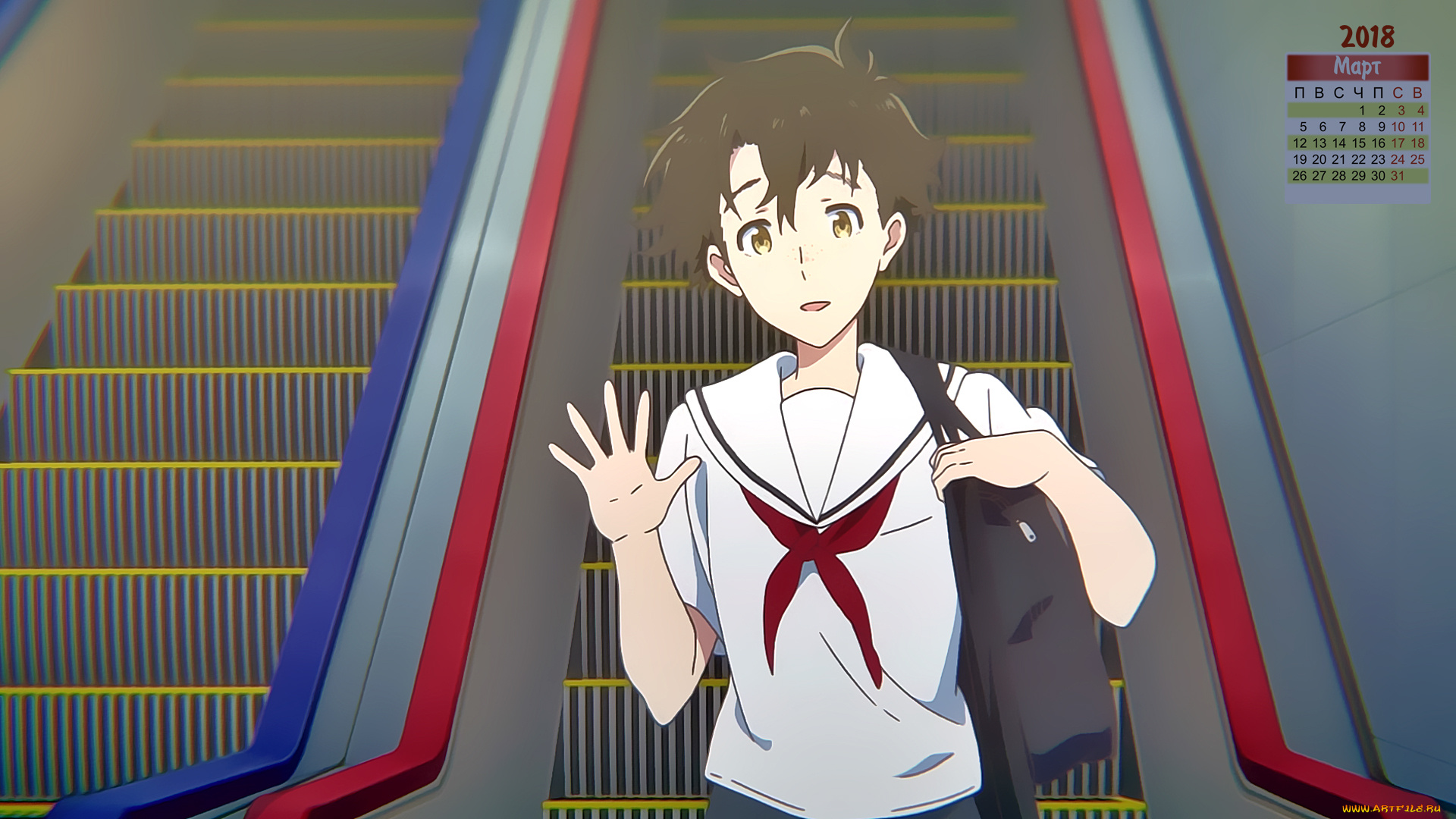 календари, аниме, эскалатор, приветствие, девушка, 2018