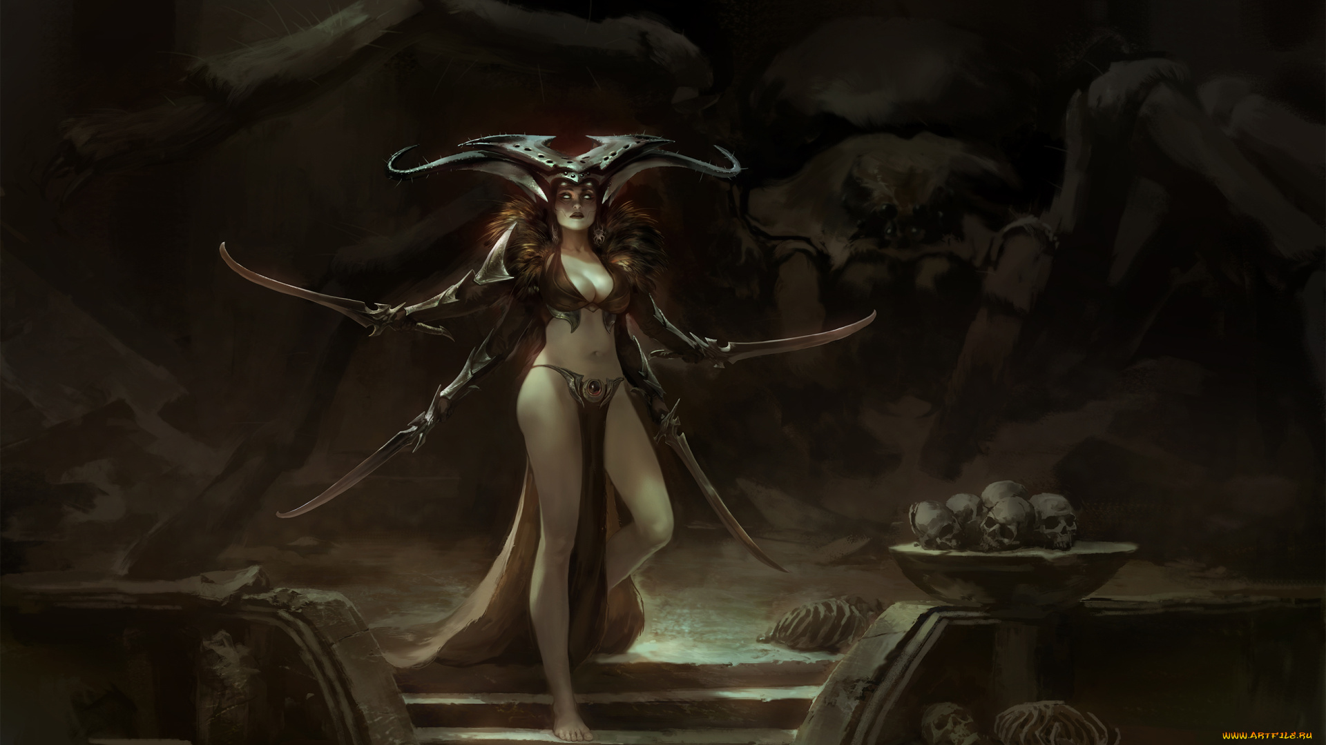 фэнтези, существа, череп, меч, фон, девушка