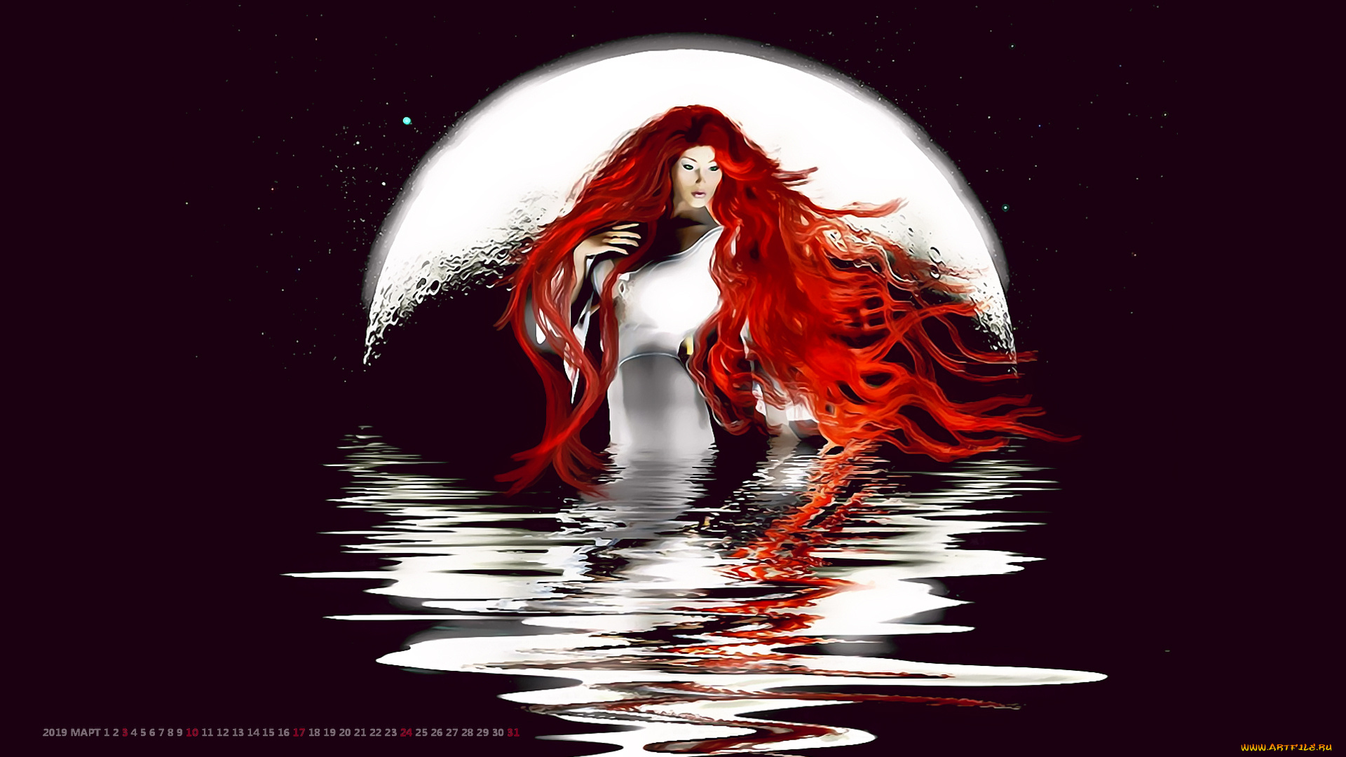календари, фэнтези, водоем, девушка, луна, ночь